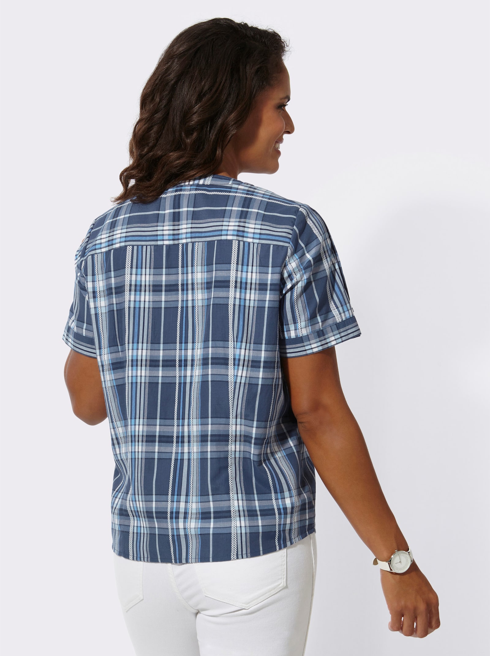 Karobluse im pflegeleichten Material-Mix - jeansblau-marine-kariert