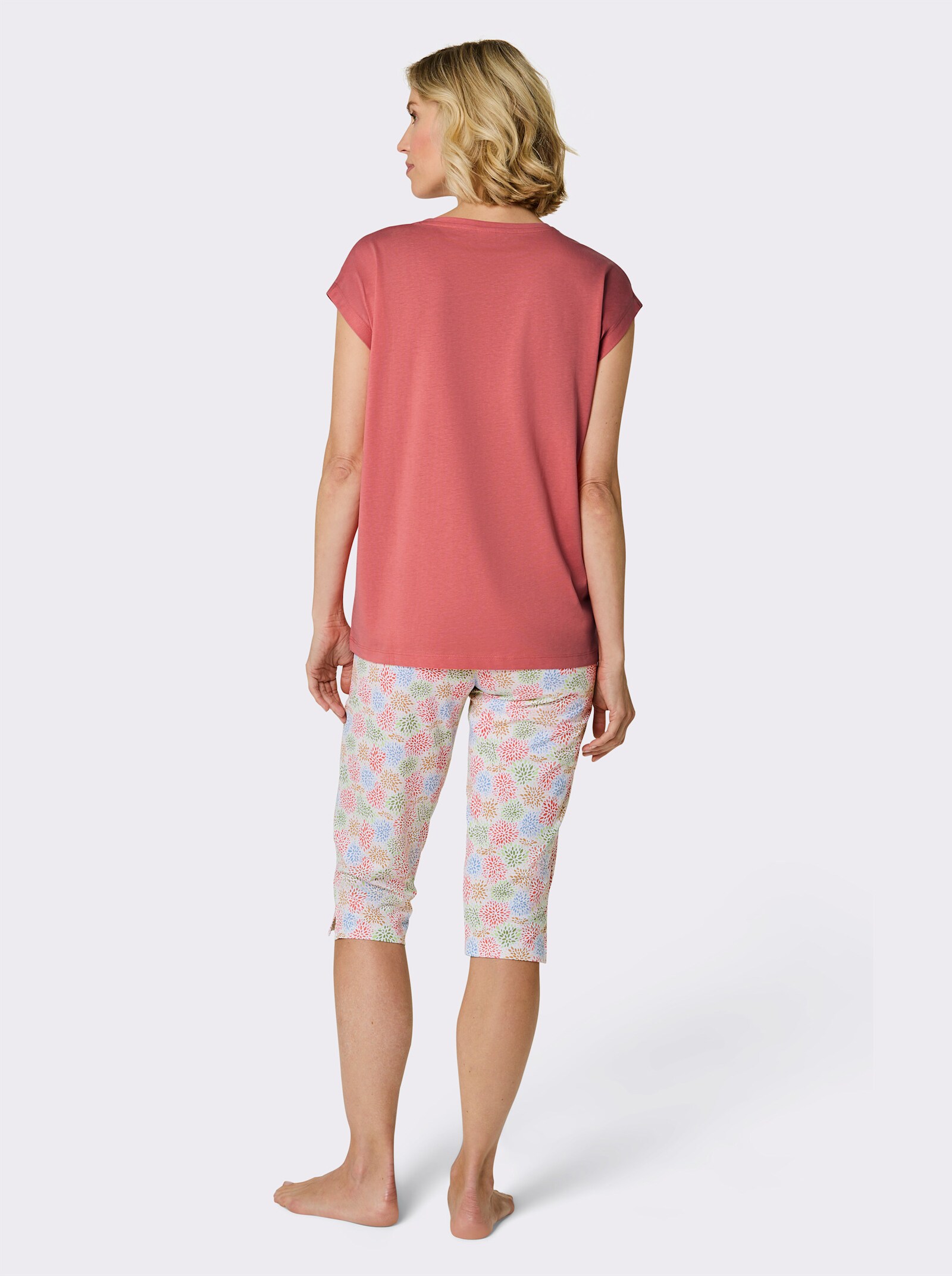 wäschepur Capri-Schlafanzug mit Blümchenhose - weiß-koralle-bedruckt