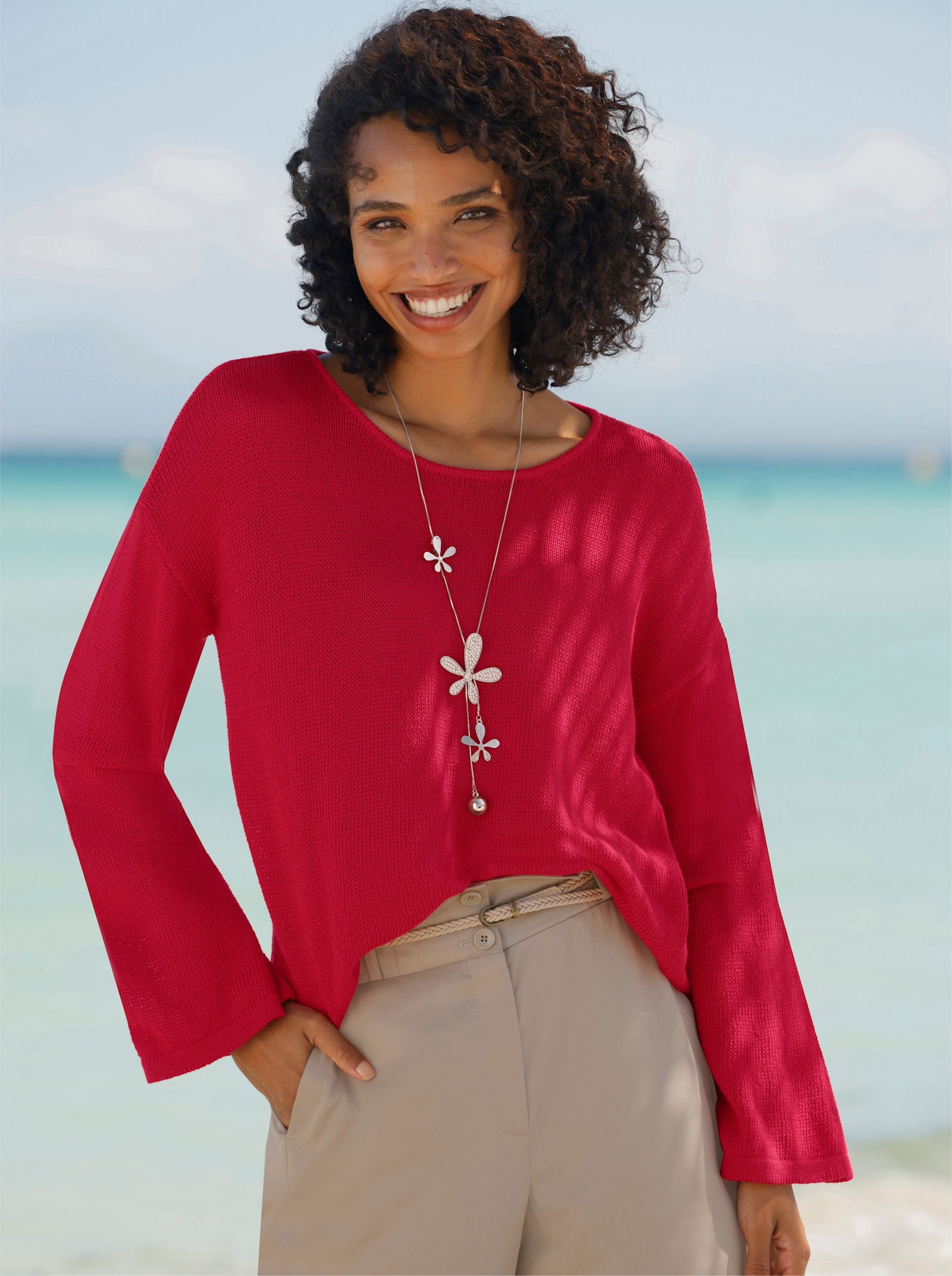 heine Langarm-Pullover mit Trompetenärmeln - erdbeere