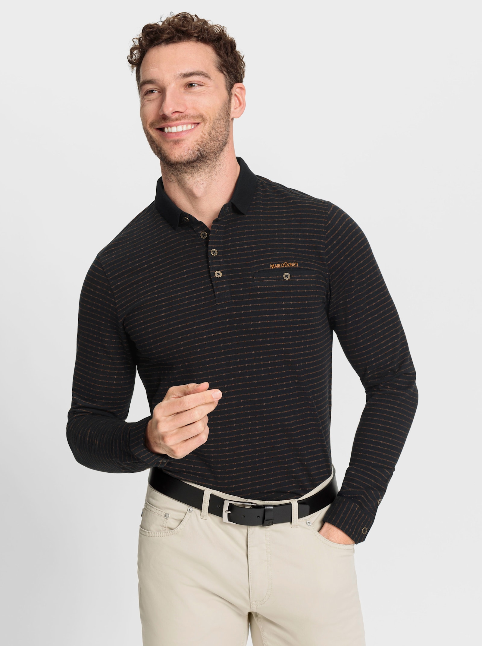 Marco Donati Poloshirt met lange mouwen in gestructureerd jacquardpatroon - zwart/cognac gedessineerd