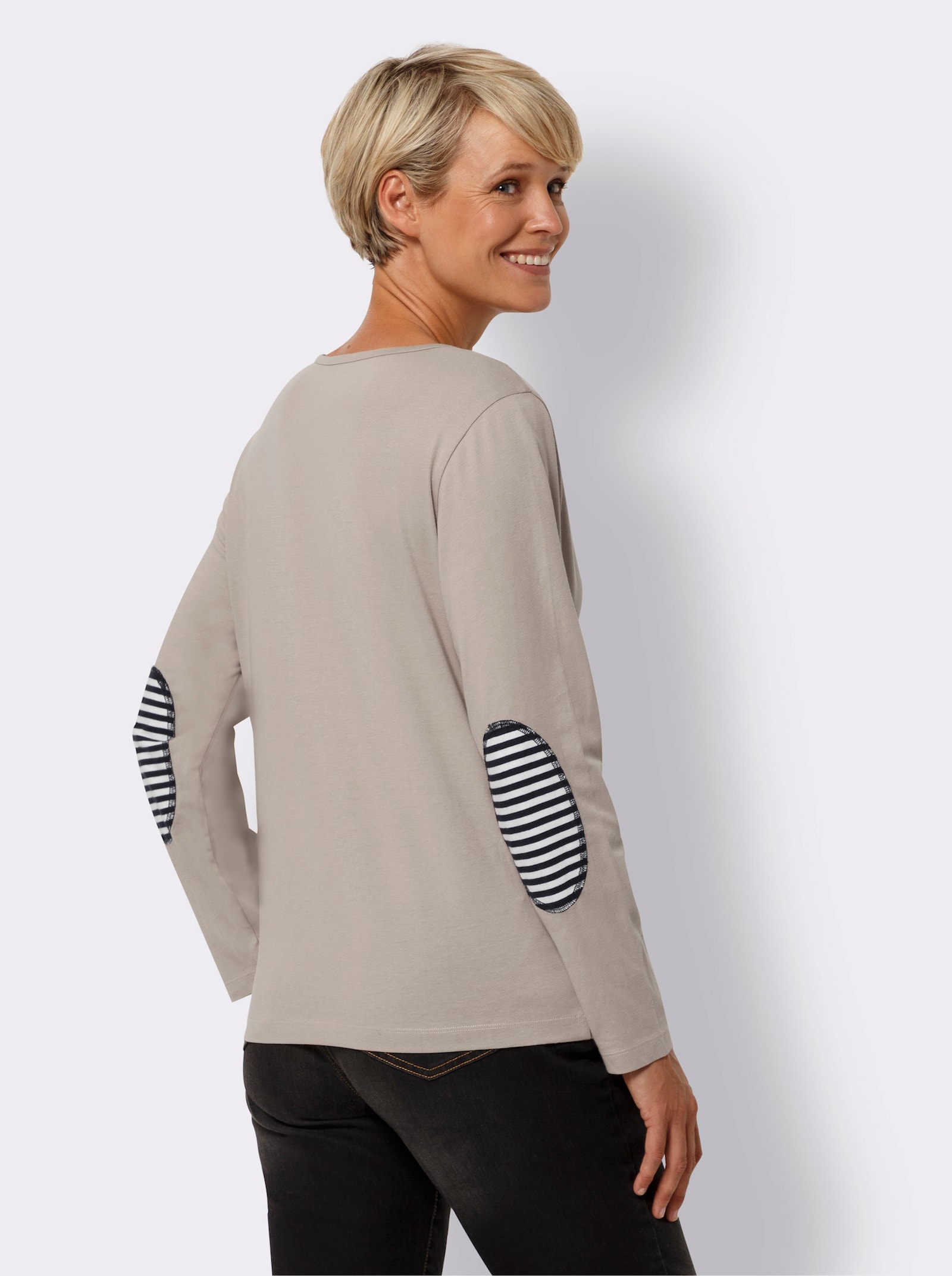 2-in-1-Langarmshirt mit gestreiften Ellbogenpatches - sesam