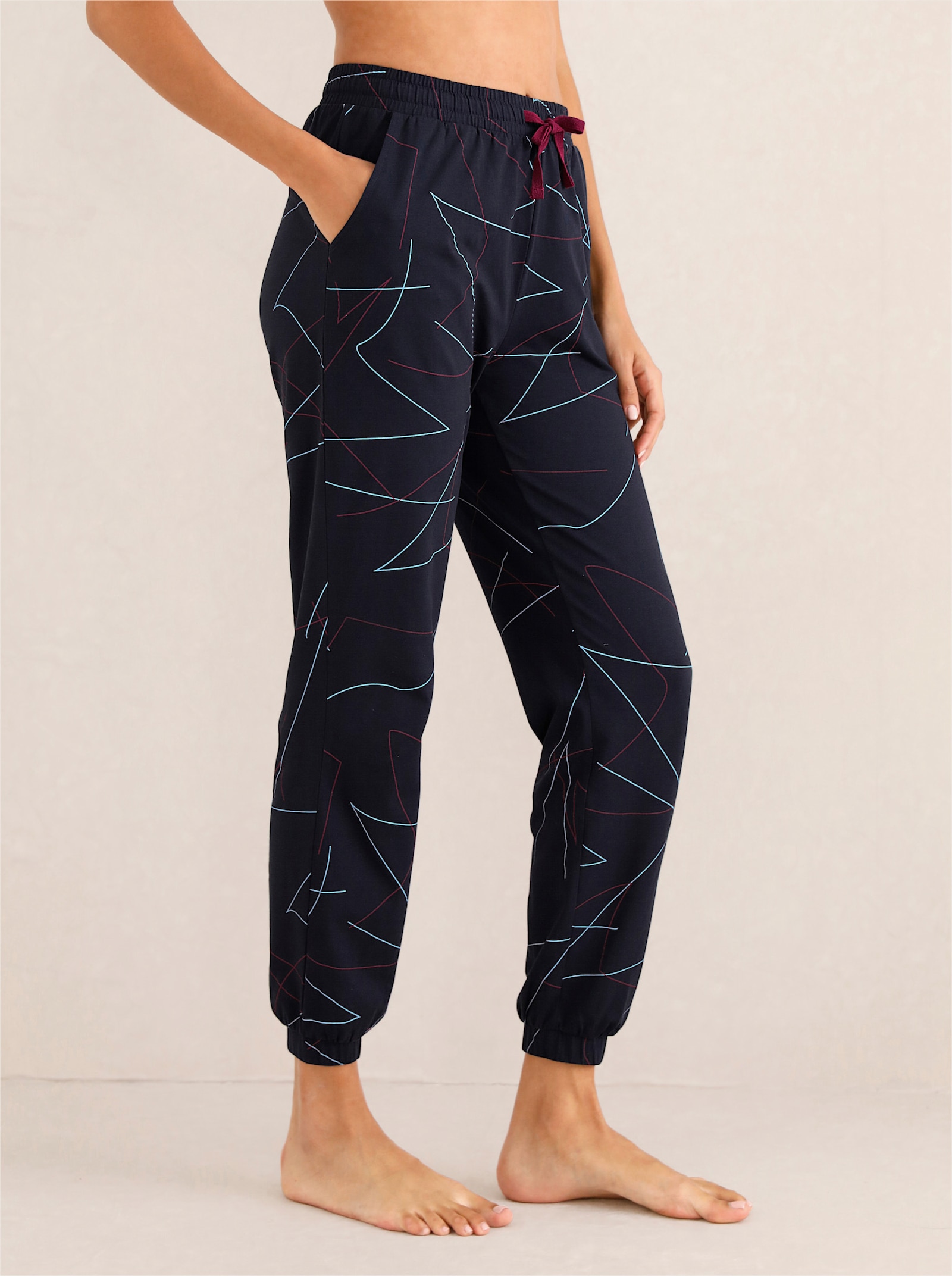 Vrijetijdsbroek met elastische boordjes aan de pijpen - marine geprint