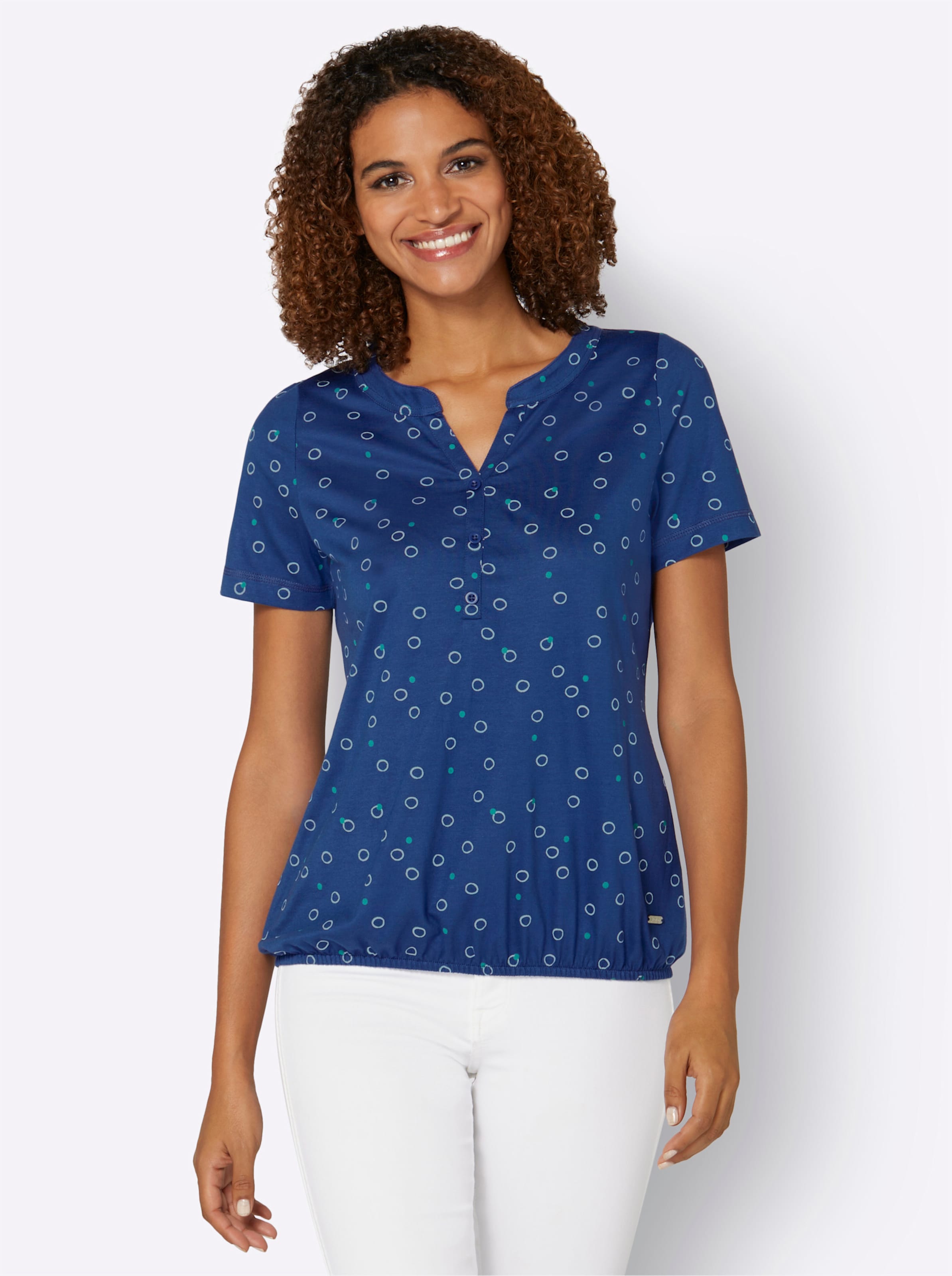 Witt Damen Print-Shirt mit elastischem Saum, royalblau-weiß-bedruckt