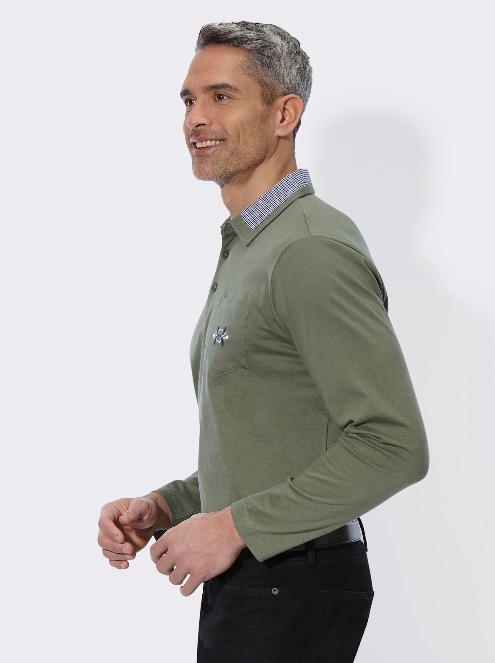 Langarm-Poloshirt mit Webkaro-Details - khaki