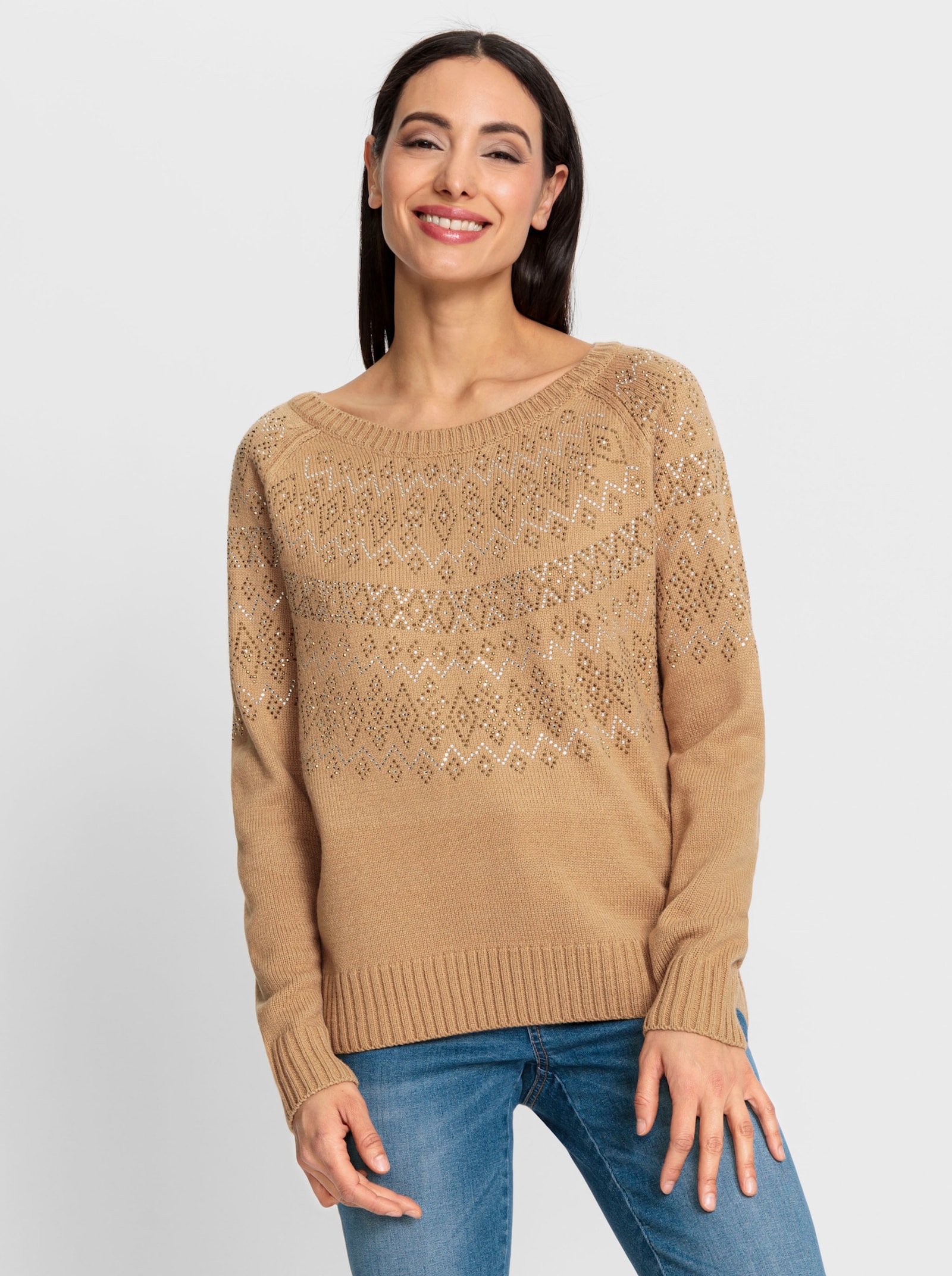 heine Rundhalspullover mit Glitzersteinchen - camel-schoko-gemustert