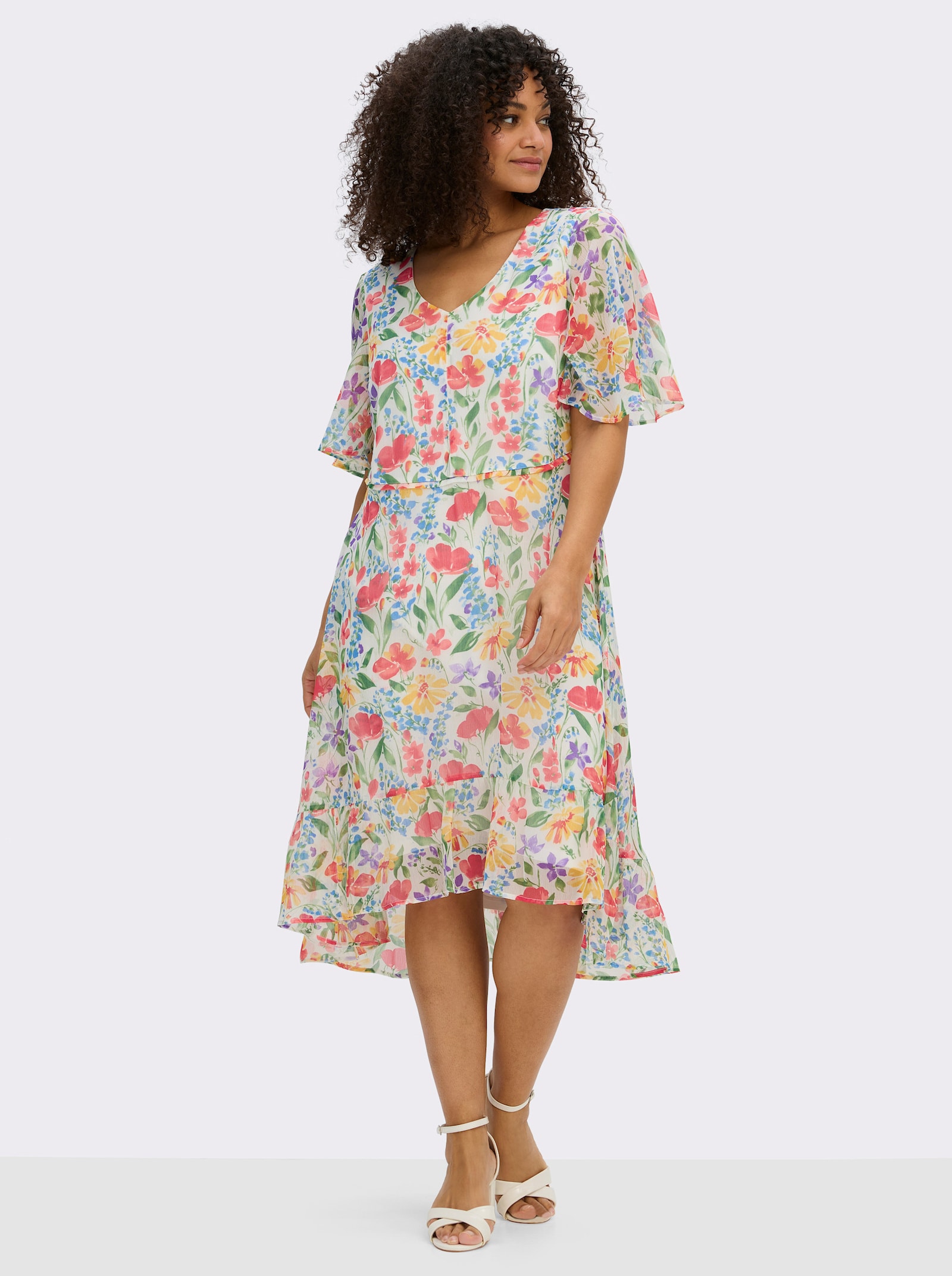 sheego Chiffonkleid mit Volant am Saum - ecru-lila-gemustert