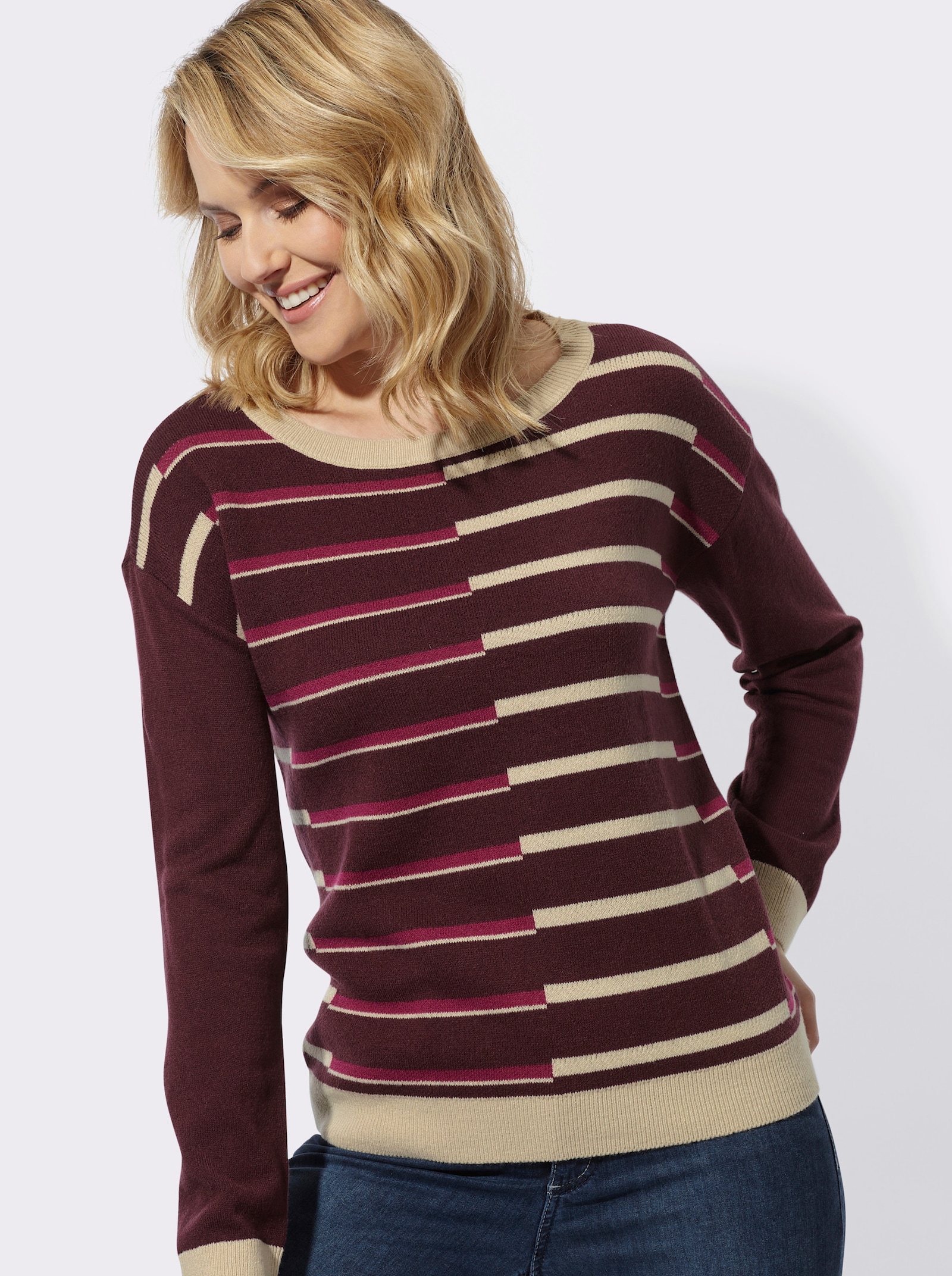 Rundhalspullover mit Jacquard-Streifen-Muster - burgund-malve-gemustert