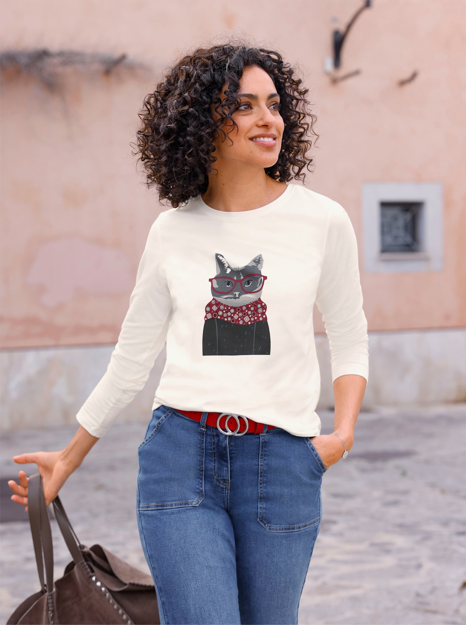  Langarmshirt mit Katzen-Motiv - ecru