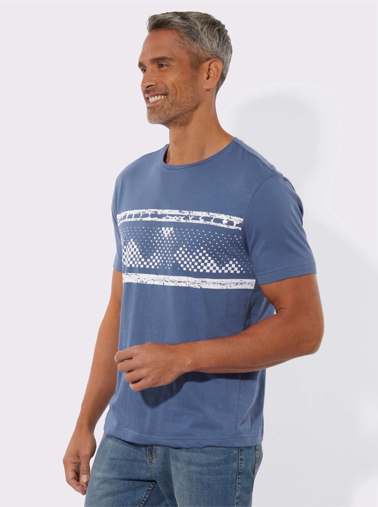 Rundhalsshirt - jeansblau-weiß