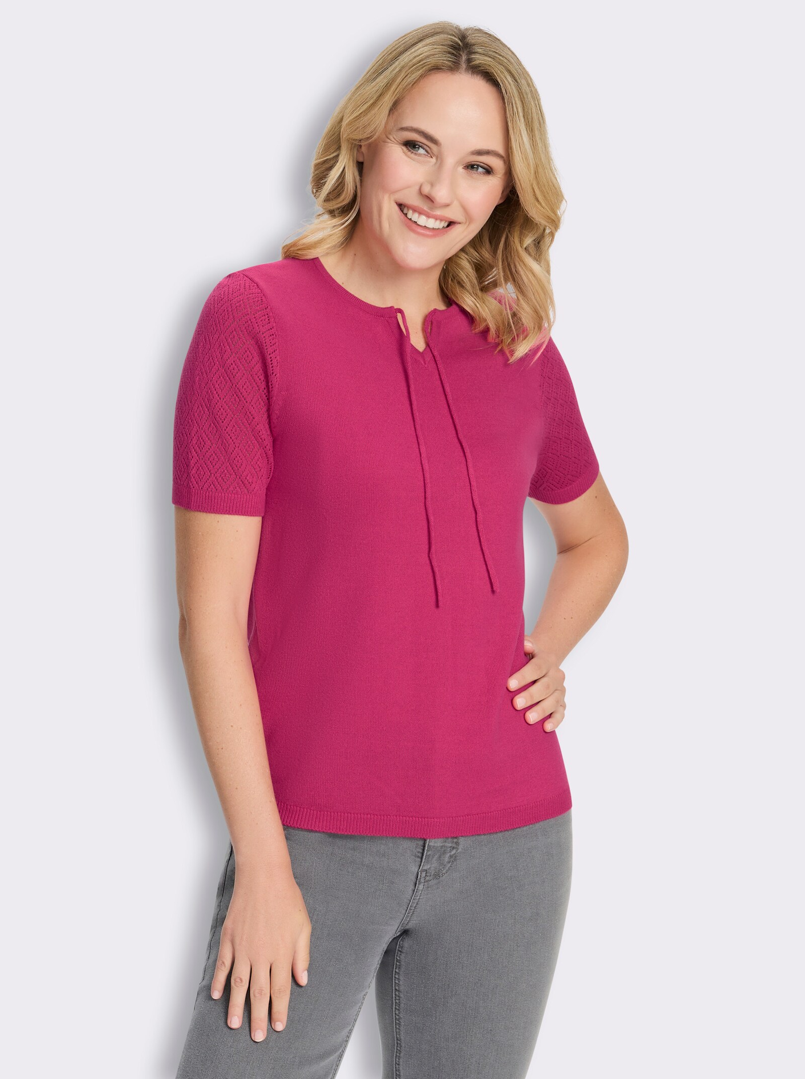 Kurzarmpullover mit Ajourmuster - fuchsia