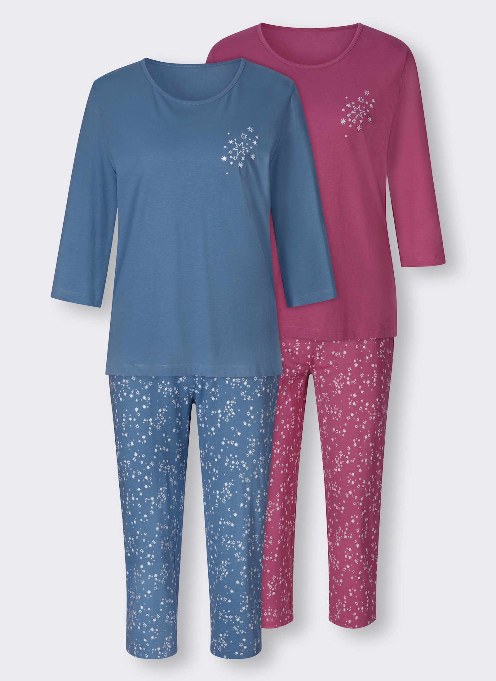 wäschepur Schlafanzüge mit 3/4-Arm und -Hose - mittelblau-ecru + erika-ecru