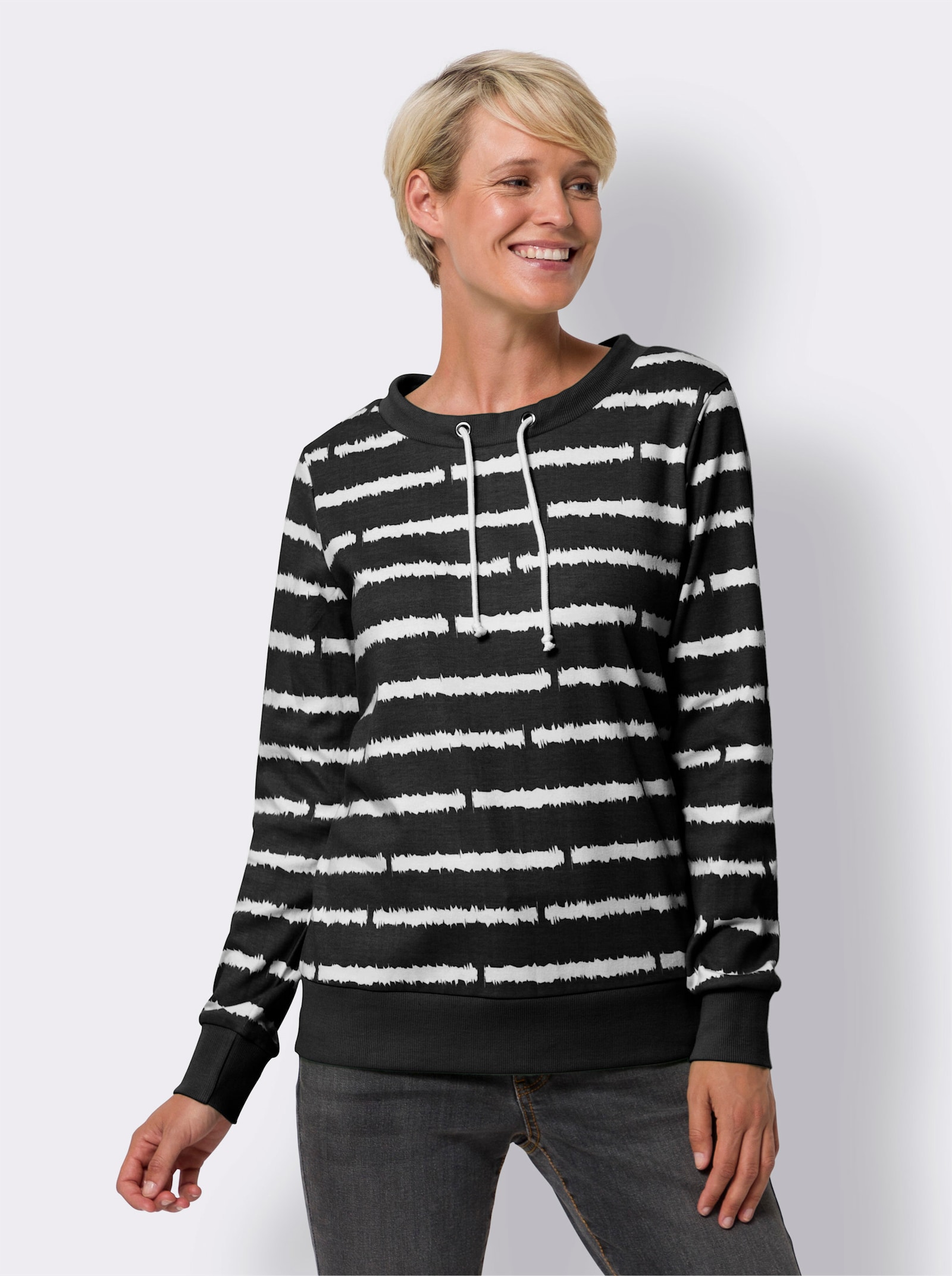 Sweatshirt in Interlock-Qualität - schwarz-weiß-geringelt