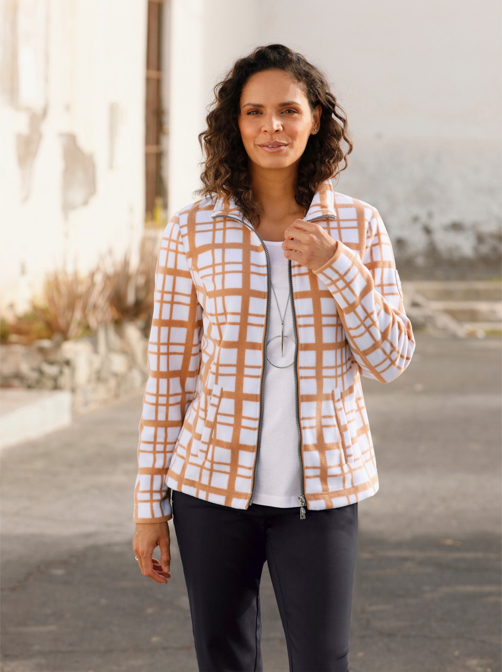 Fleecejack met ruitdessin - ecru/camel bedrukt