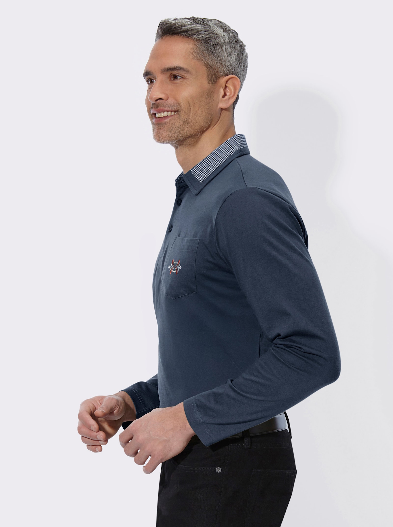 Langarm-Poloshirt mit Webkaro-Details - dunkelblau