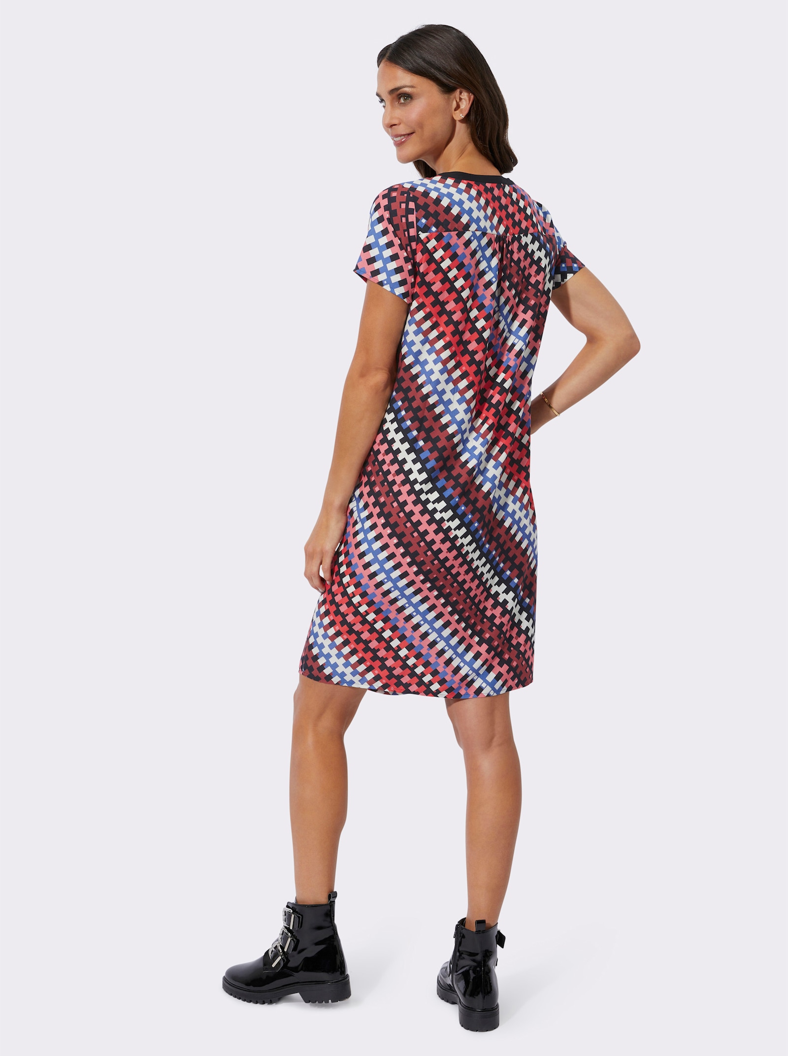 Druckkleid in Schlupfform - schwarz-flamingo-bedruckt