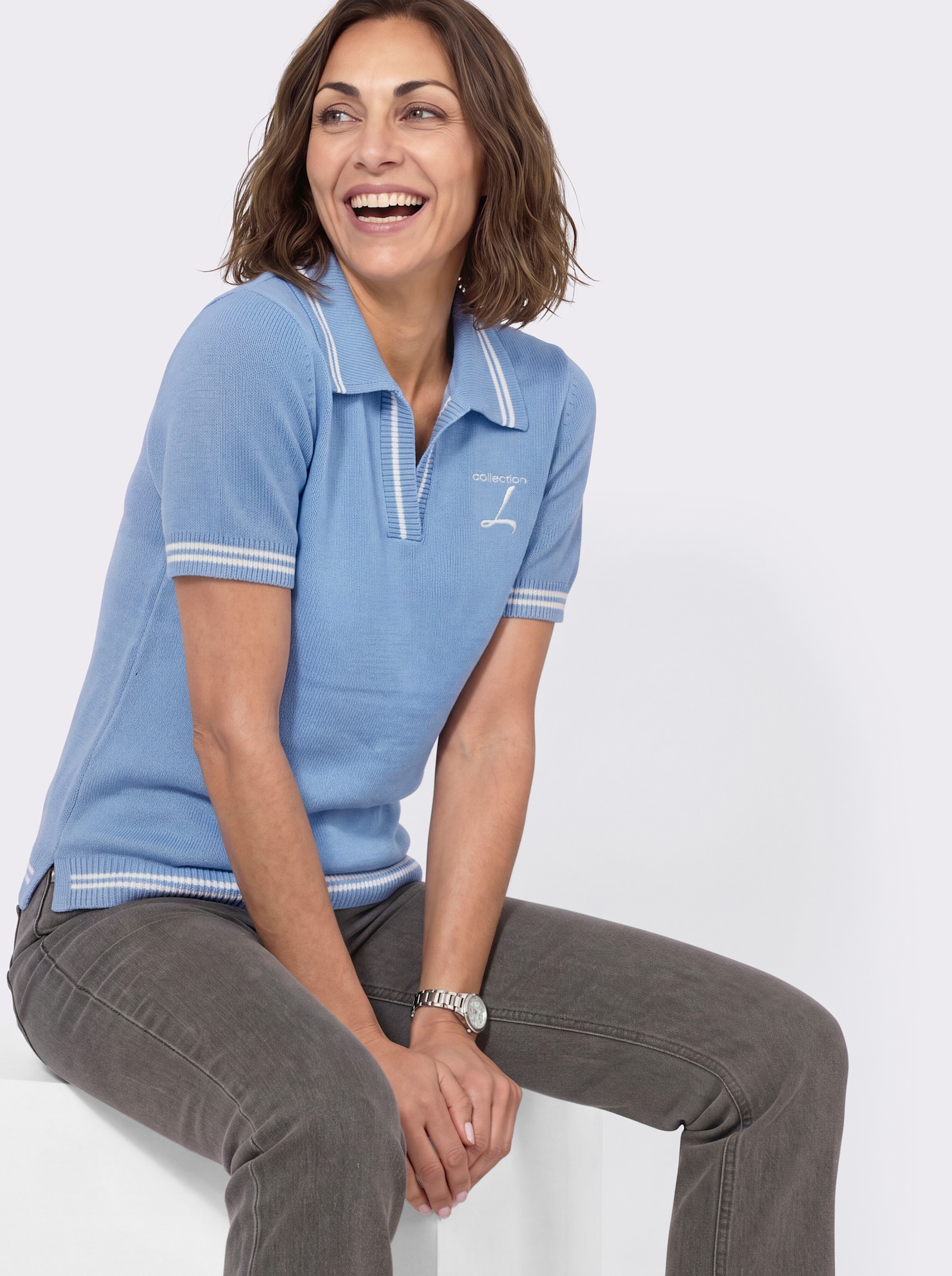 Polopullover mit Seitenschlitzen - himmelblau-ecru-geringelt