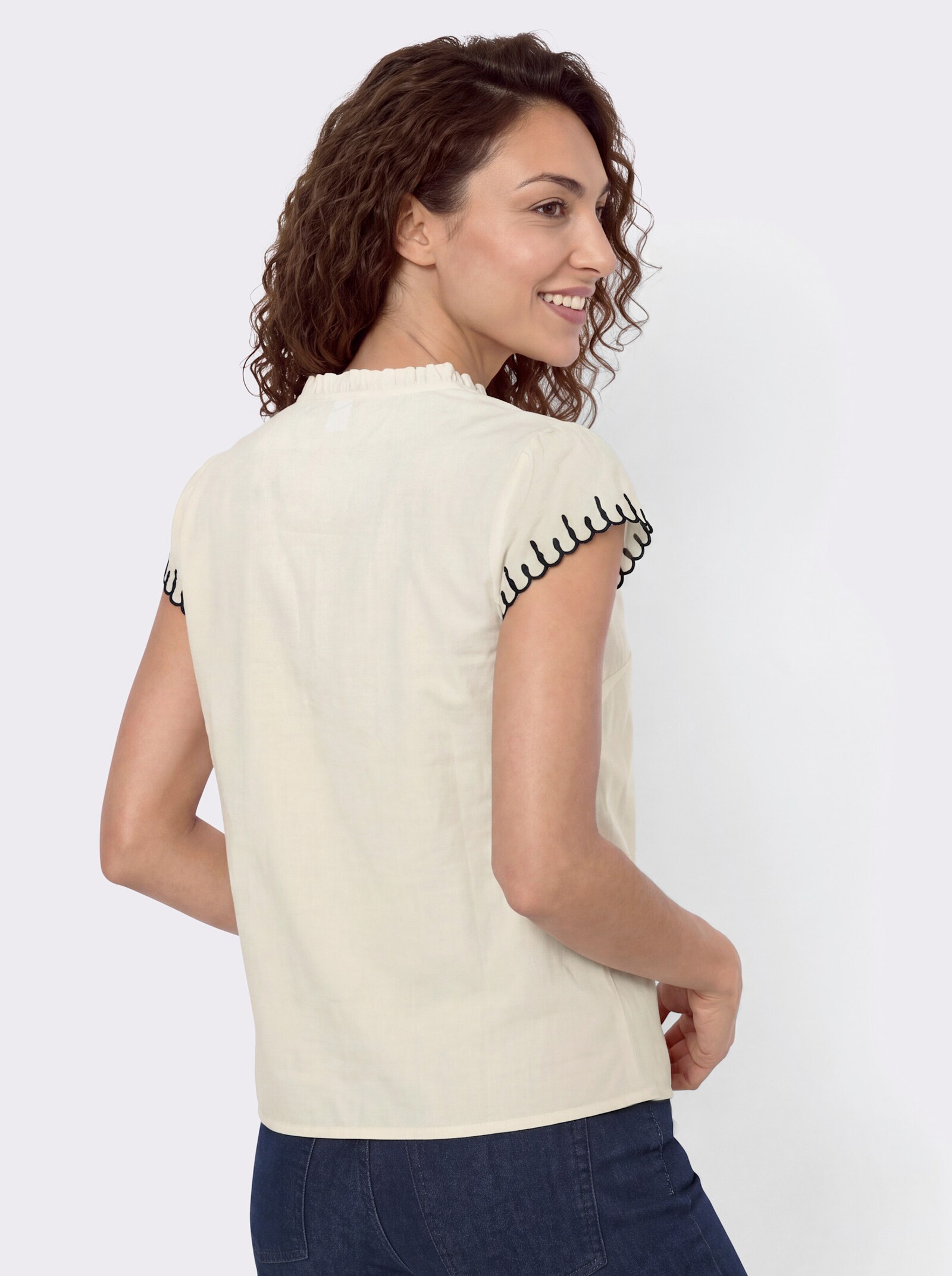 Baumwollbluse mit Stickerei - champagner-schwarz-gemustert