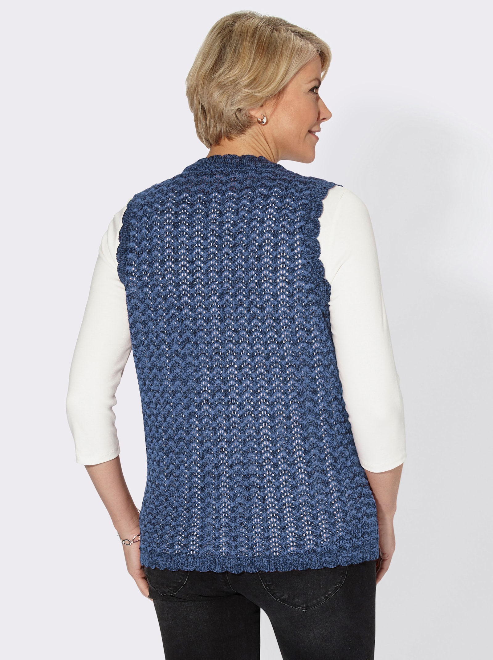 Mouwloos vest met tweekleurig ajourpatroon - donkerblauw gemêleerd