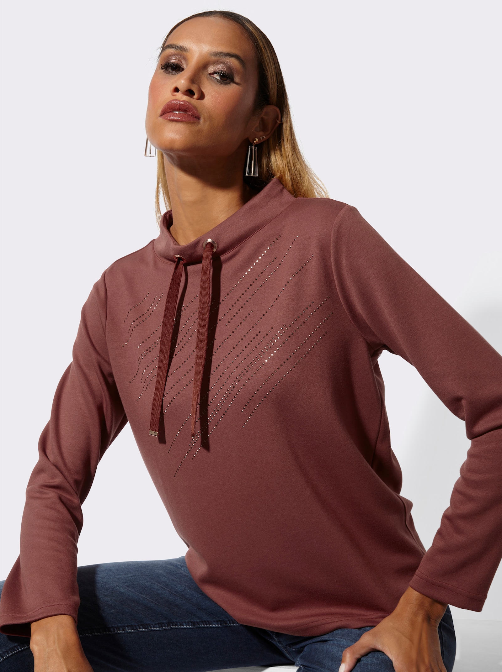 Sweatshirt mit Glitzersteinchen-Verzierung - rotbraun
