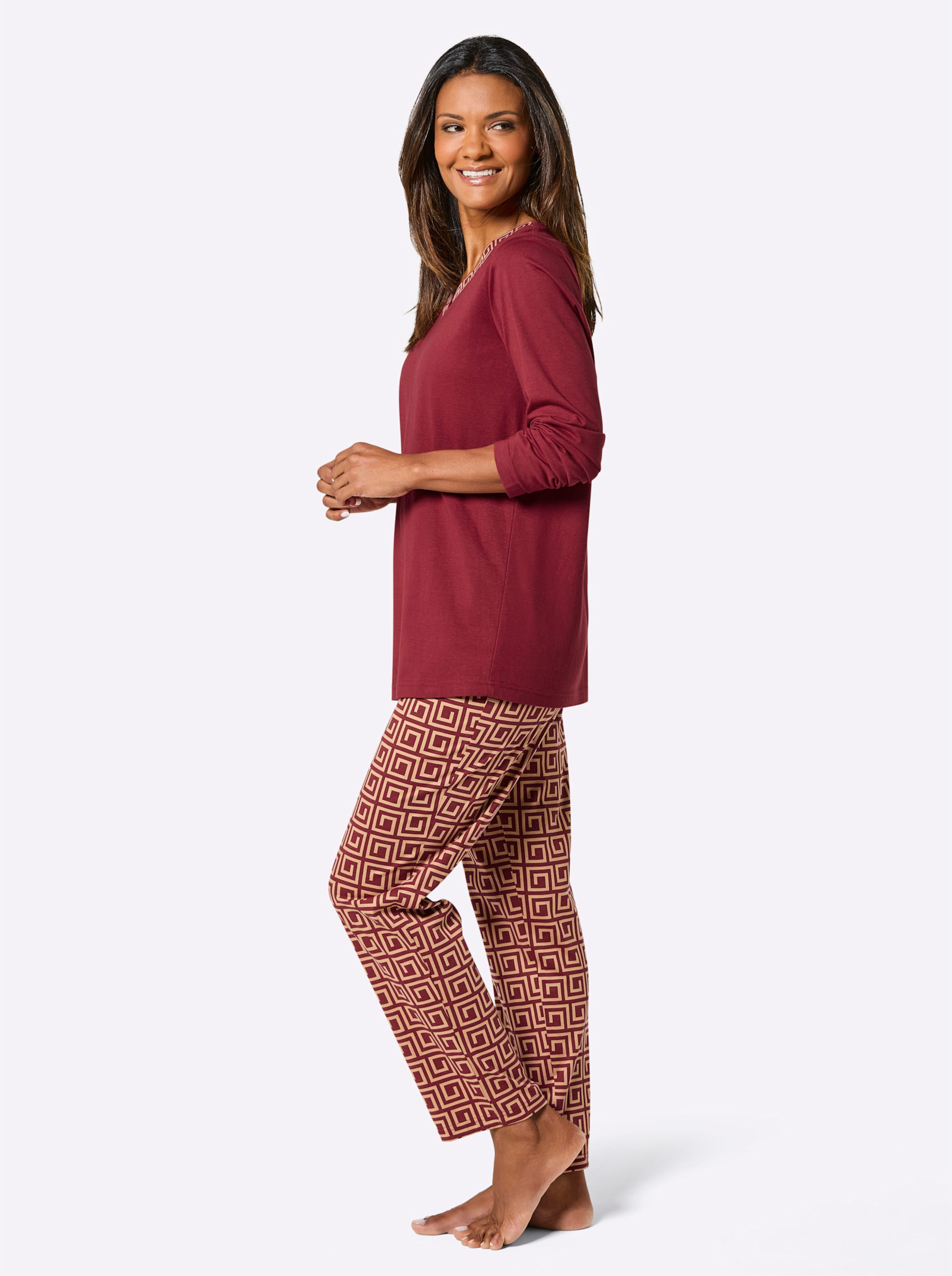 Wäschepur Damen Beige/Dunkelrot Schlafanzug Gr. 48/50, Rot (, Camel), 50% Baumwolle, 50% Viskose, Homewear-Sets Schlafanzug - Bild 4