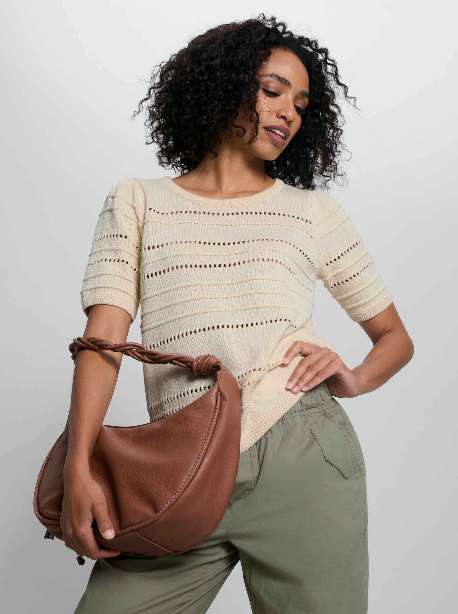 heine Kurzarmpullover mit Ajourstrick - champagner