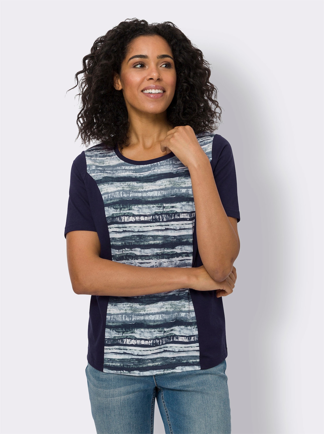 Kurzarmshirt - marine-hellblau-bedruckt