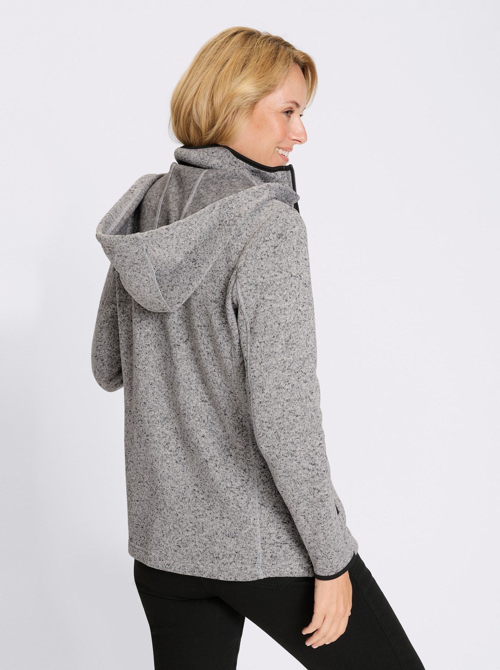 Strickfleecejacke mit Kapuze - hellgrau-schwarz-meliert