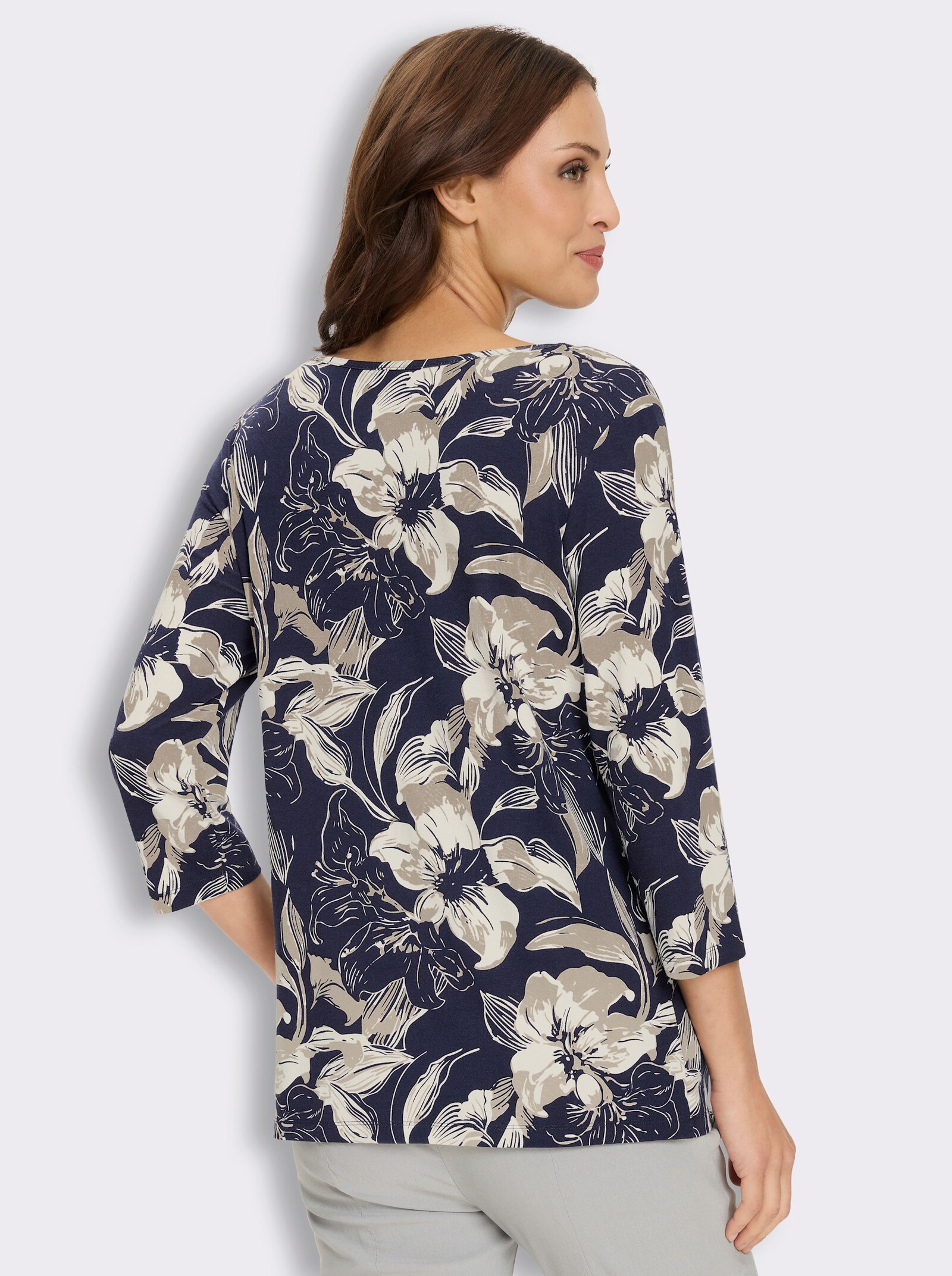 2-in-1-Shirt mit Ziersteinchen-Patch - marine-beige-bedruckt