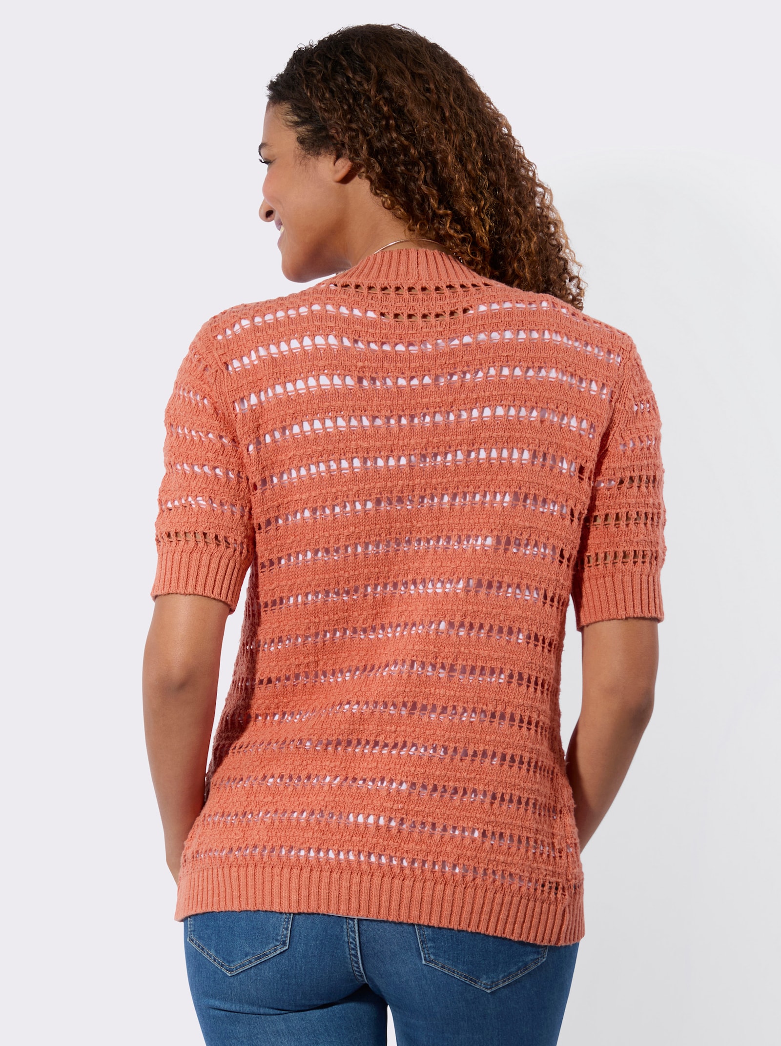 Ajourstrickjacke mit Bouclé Struktur - papaya