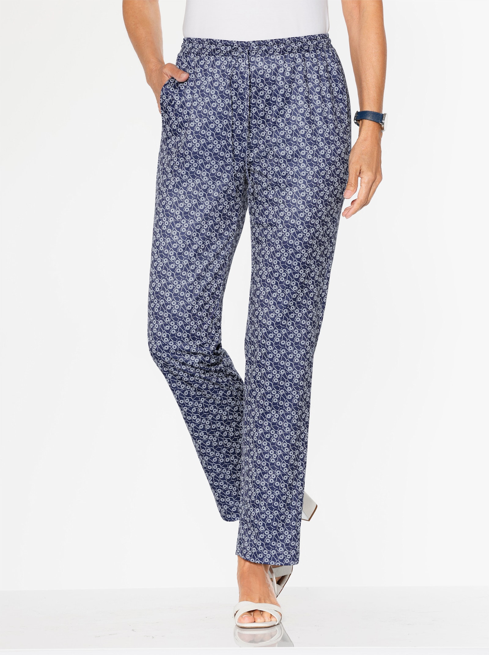 Jerseyhose in floralem Dessin - marine-weiss-gewellt