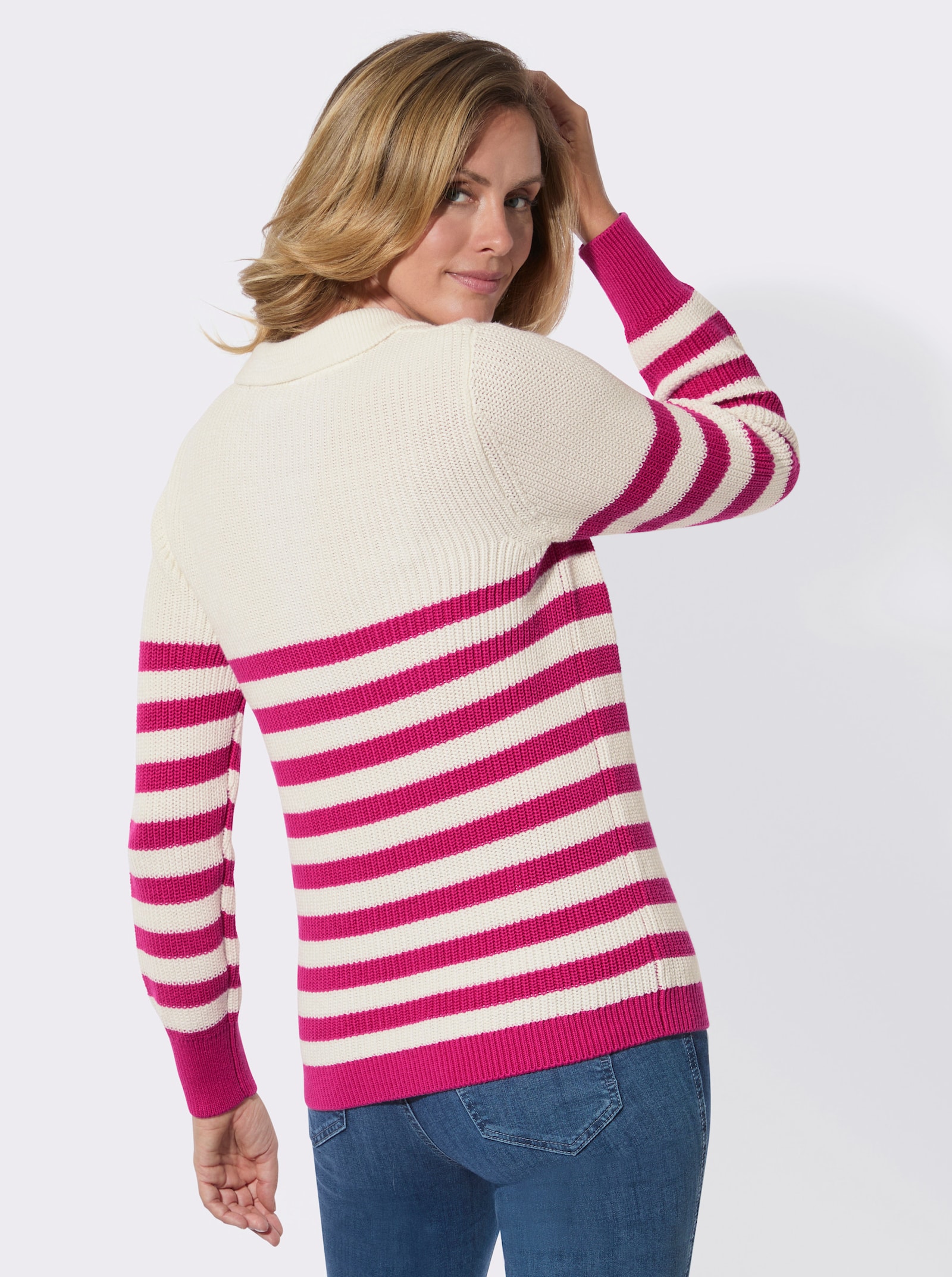 Troyer mit Ringelmuster - ecru-fuchsia-gemustert