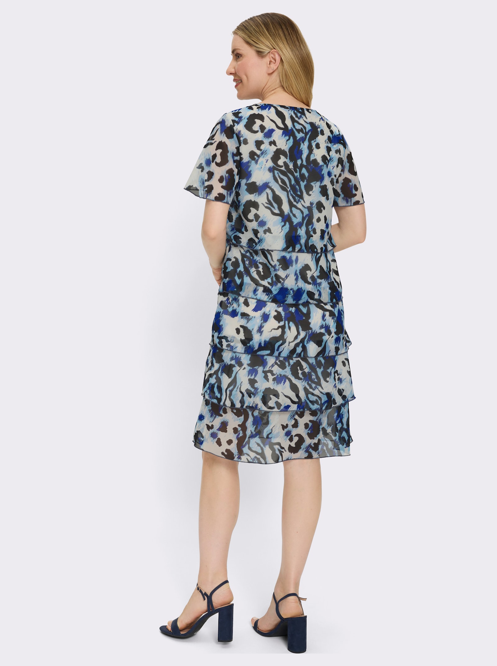 Stufenkleid im Animal-Dessin - champagner-royalblau-bedruckt