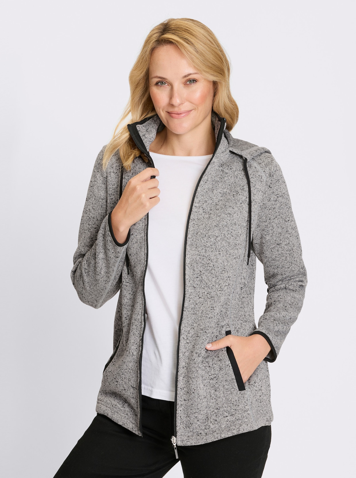 Strickfleecejacke - hellgrau-schwarz-meliert