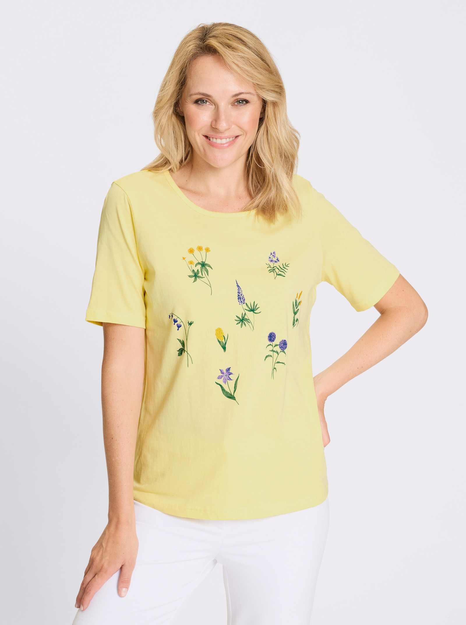 Kurzarmshirt mit Wiesenblumen-Druck - zitrone