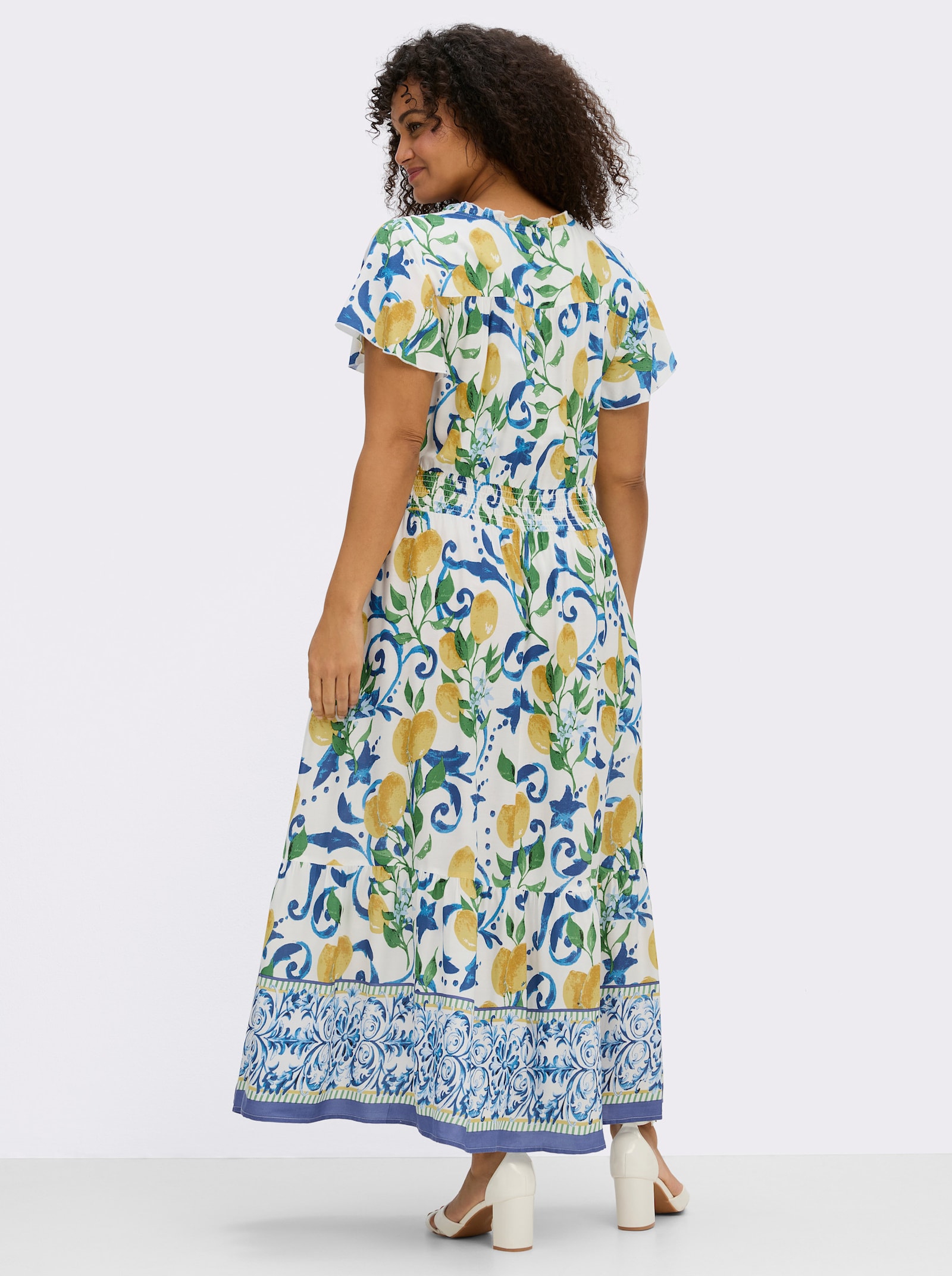 sheego by Joe Browns Maxikleid mit breitem Smokbund - weiss-sonnengelb-gemustert