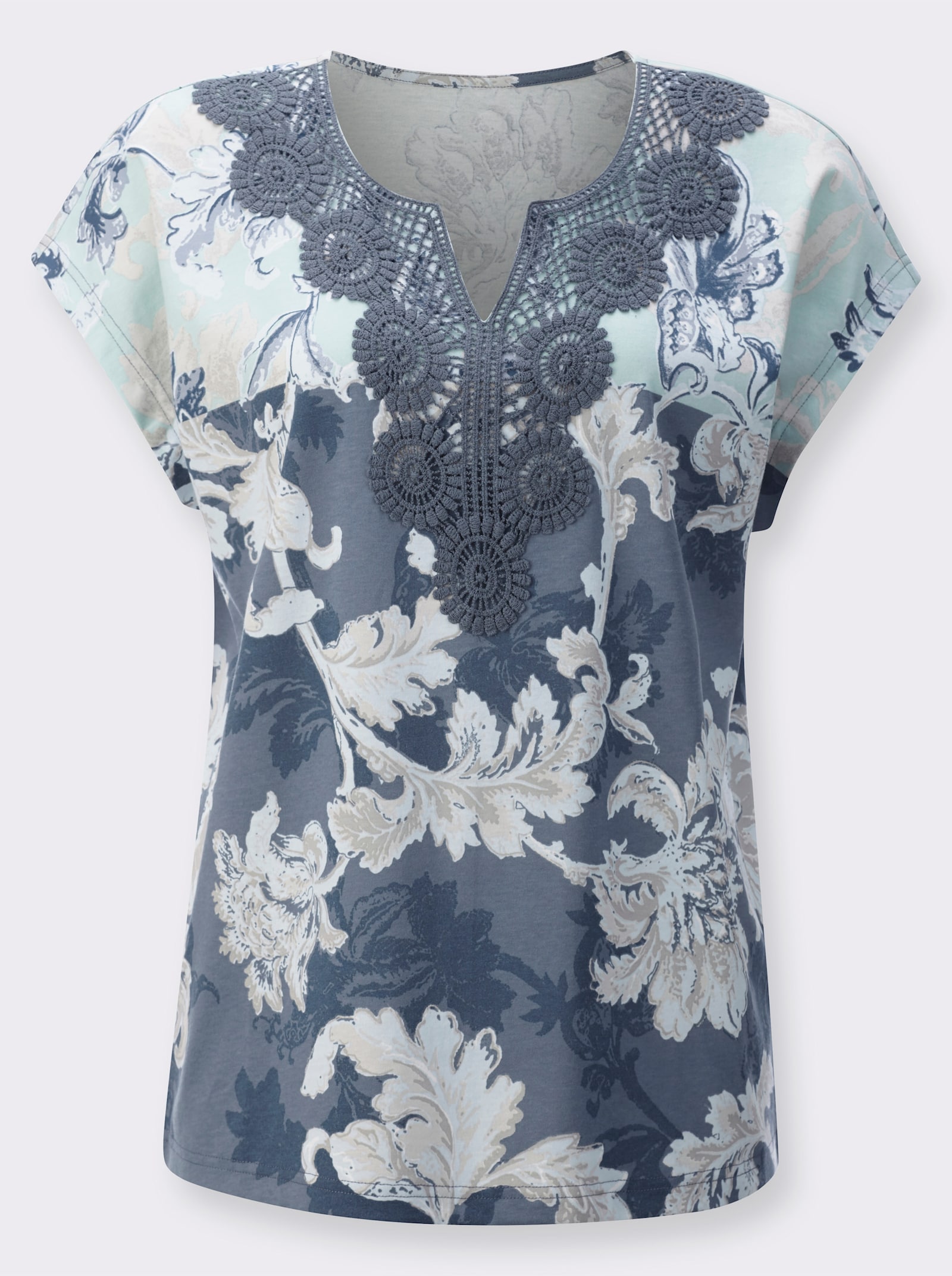 Shirt met gehaakt kant - kalkmint/rookblauw bedrukt