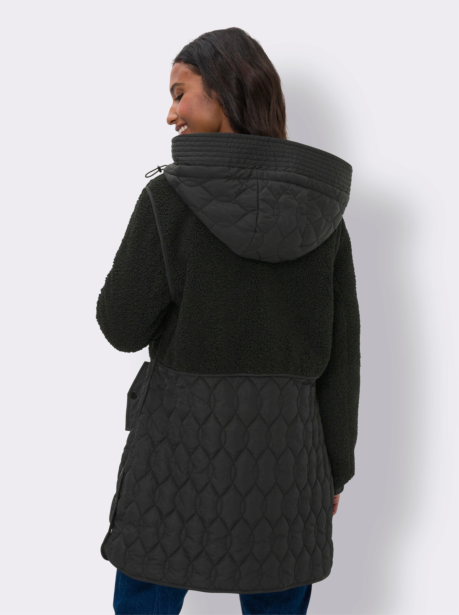 heine Longjacke Materialmix aus Teddy und Stepp - schwarz