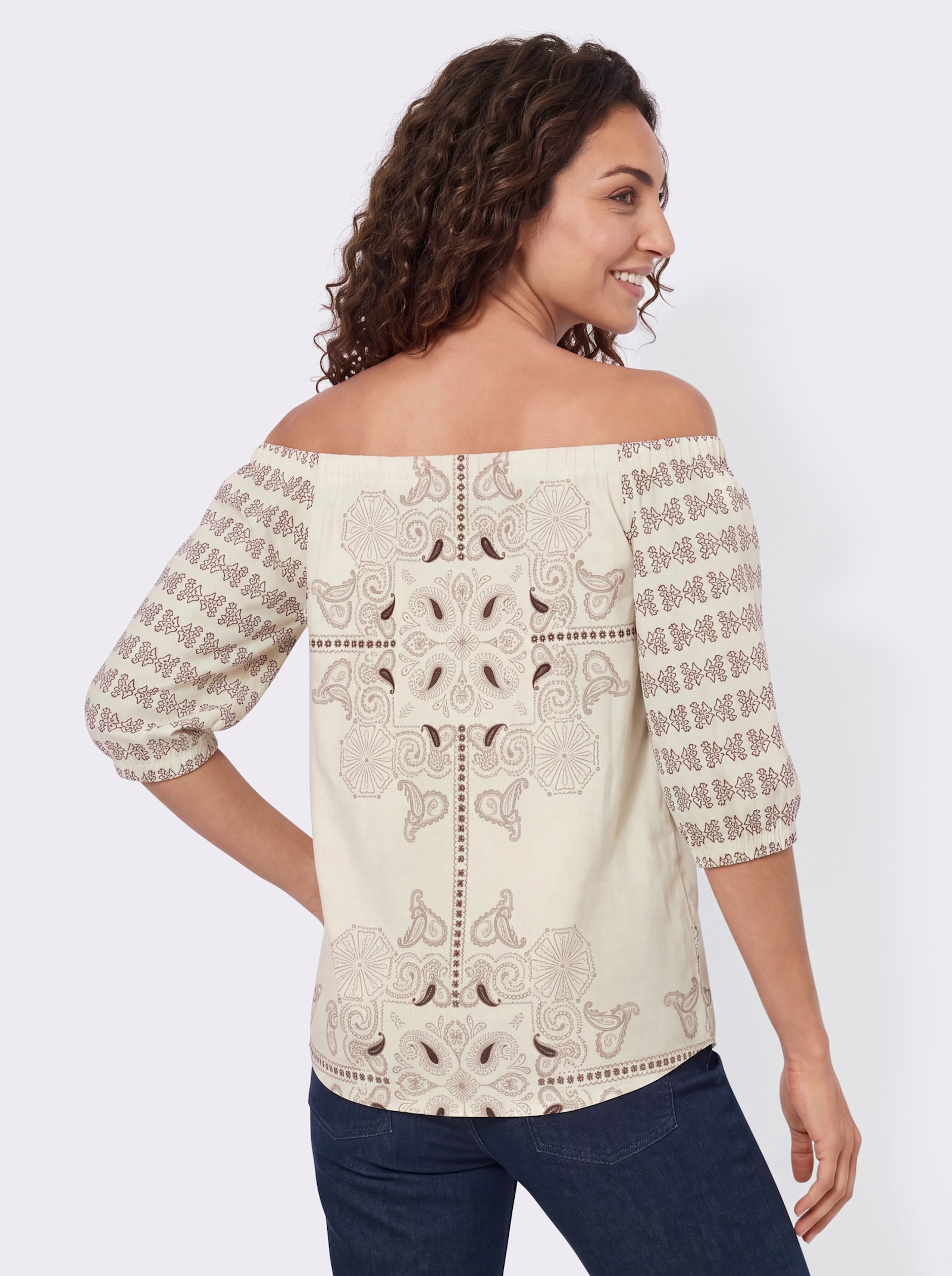 Print-Shirt mit Carmen-Ausschnitt - schoko-champagner-bedruckt