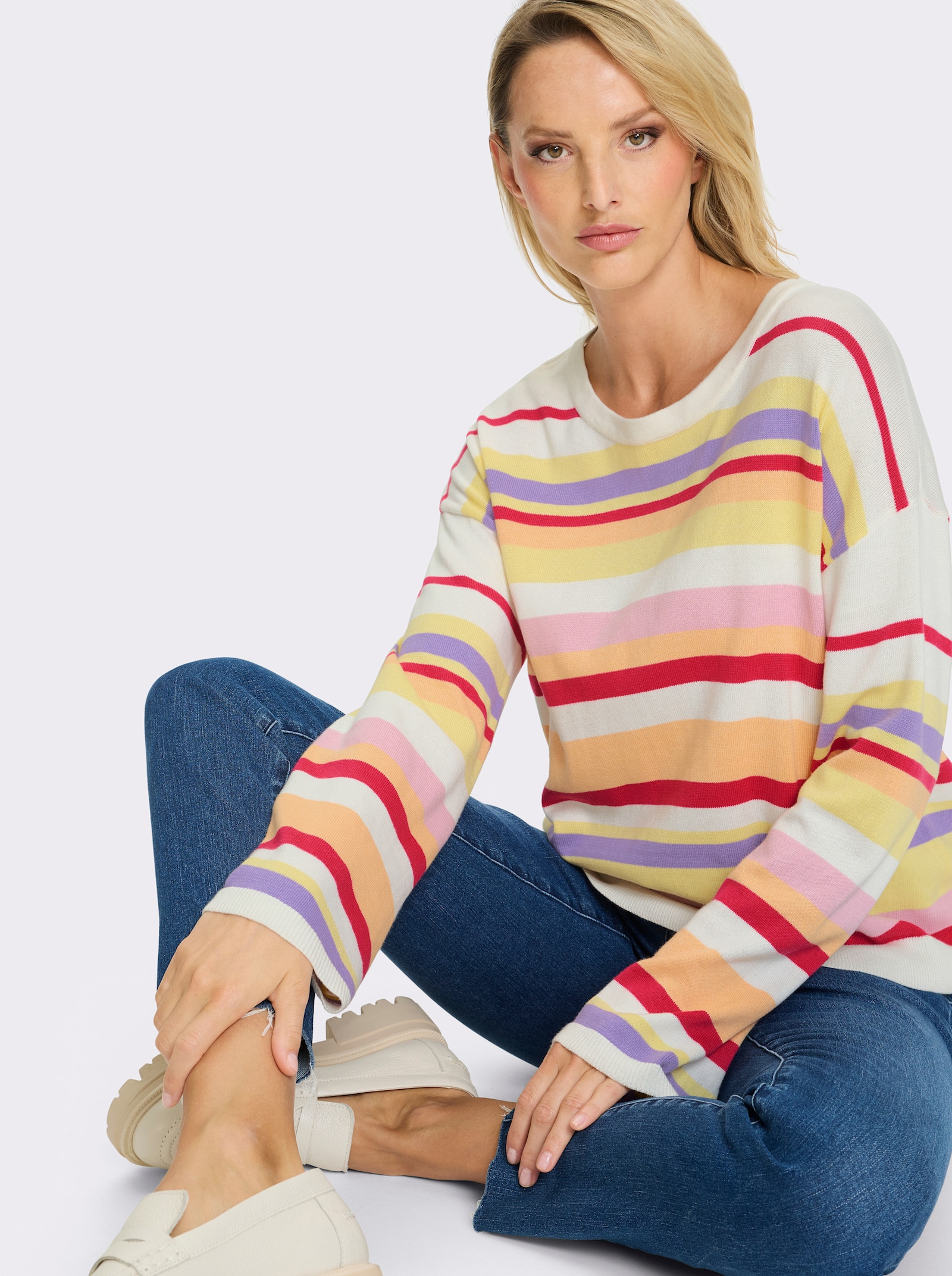 heine Streifenpullover mit Trompetenärmel - ecru-zitrone-geringelt