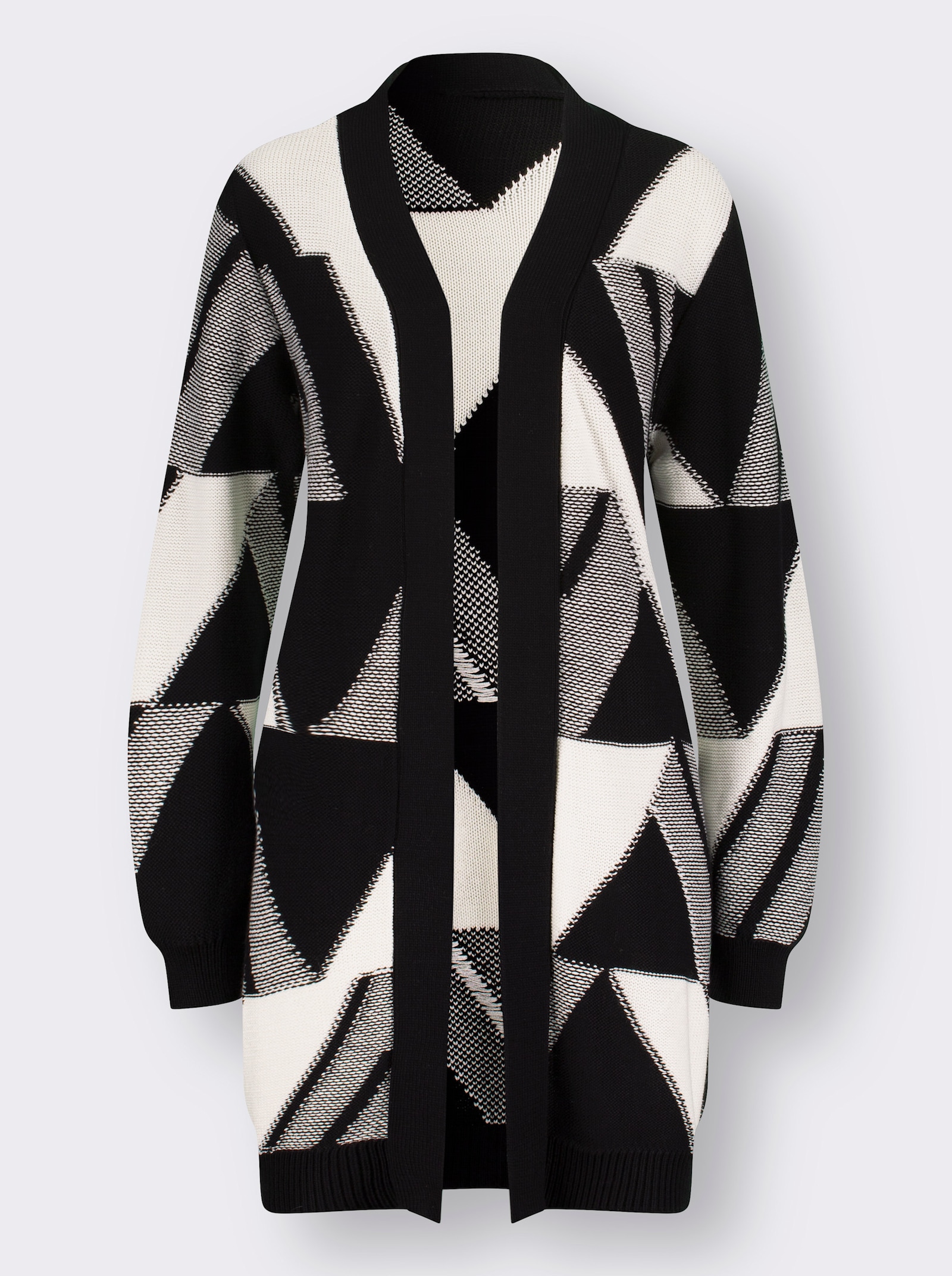 Strickmantel mit Jacquard-Muster, grafisch - schwarz-weiß-gemustert