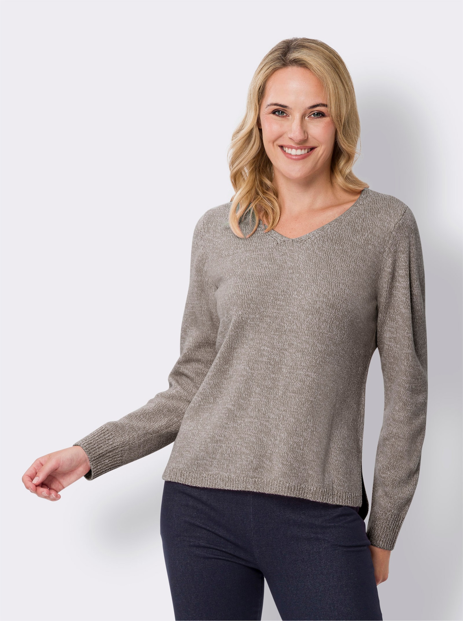 Langarm-Pullover mit Seitenschlitzen - dunkeltaupe-meliert