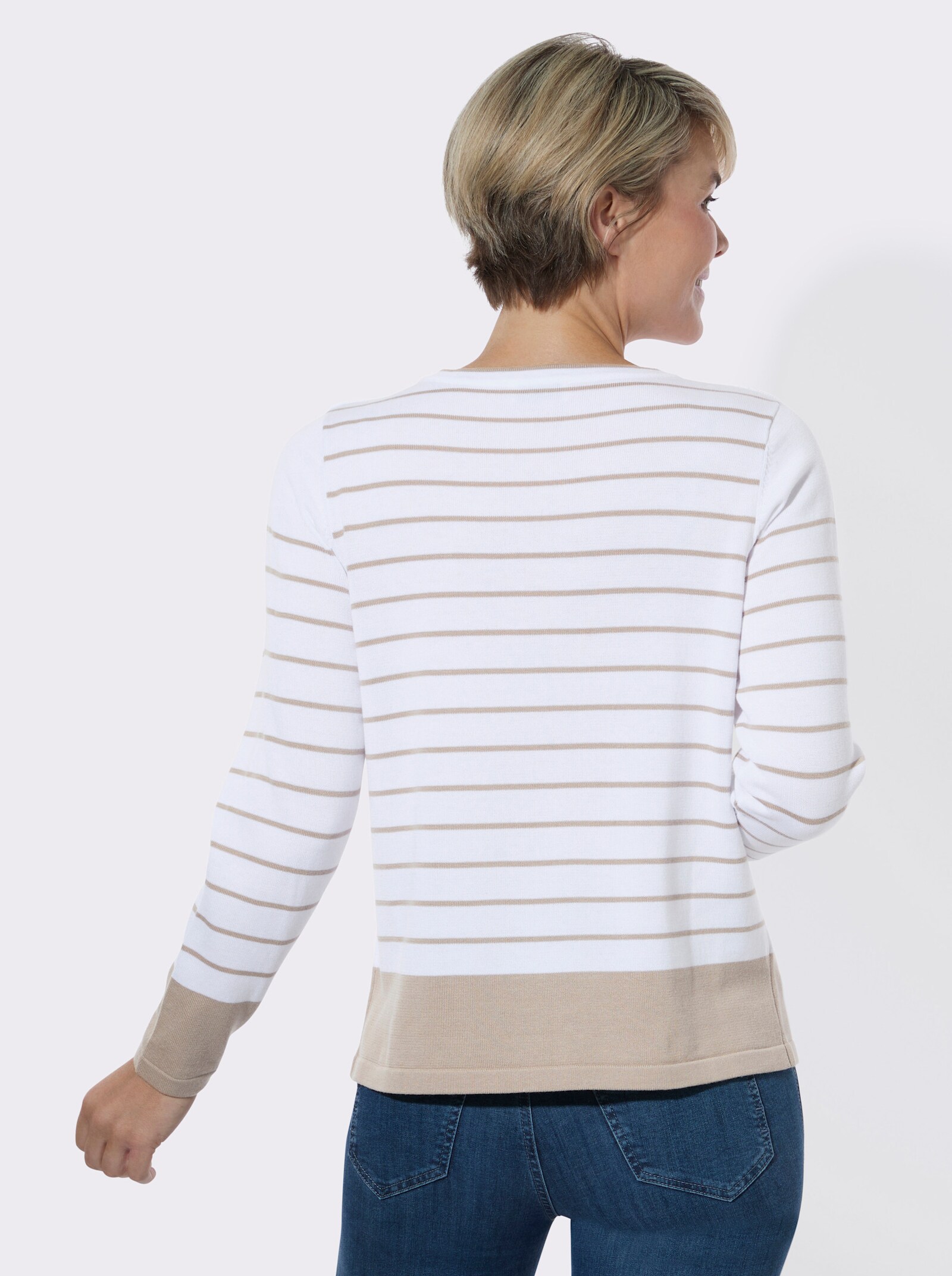 Rundhalspullover mit Rollkanten - sesam-weiß-geringelt