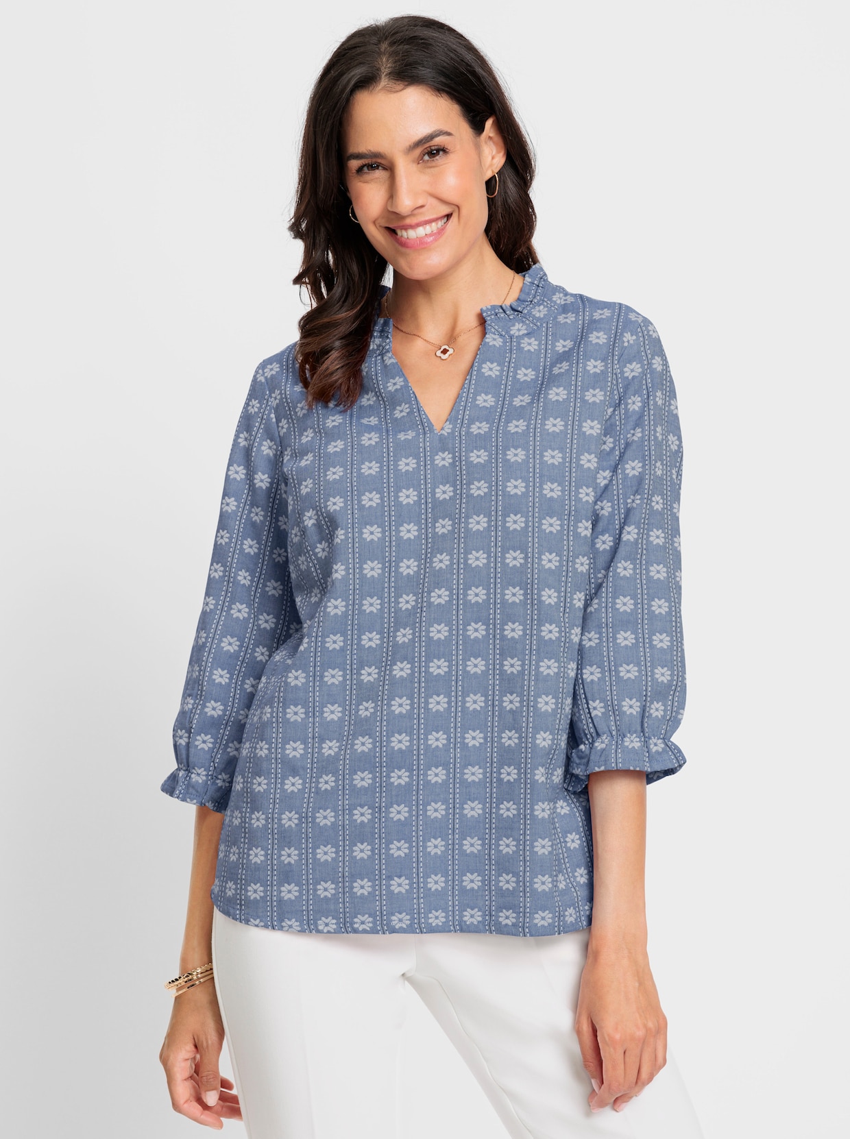 Comfortabele blouse - jeansblauw gedessineerd