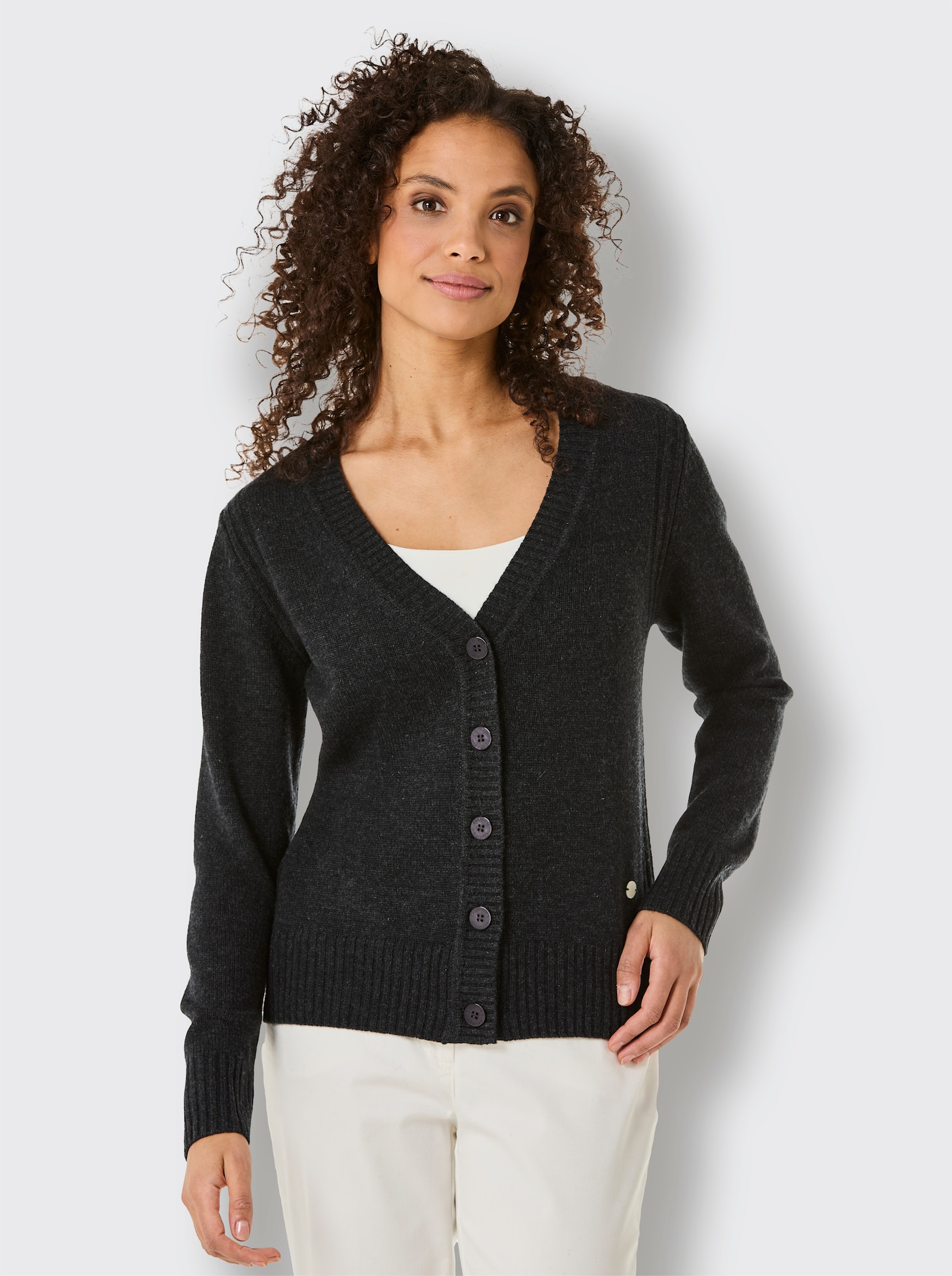 CREATION L PREMIUM Strickjacke mit Logo-Knöpfen - schwarz-meliert