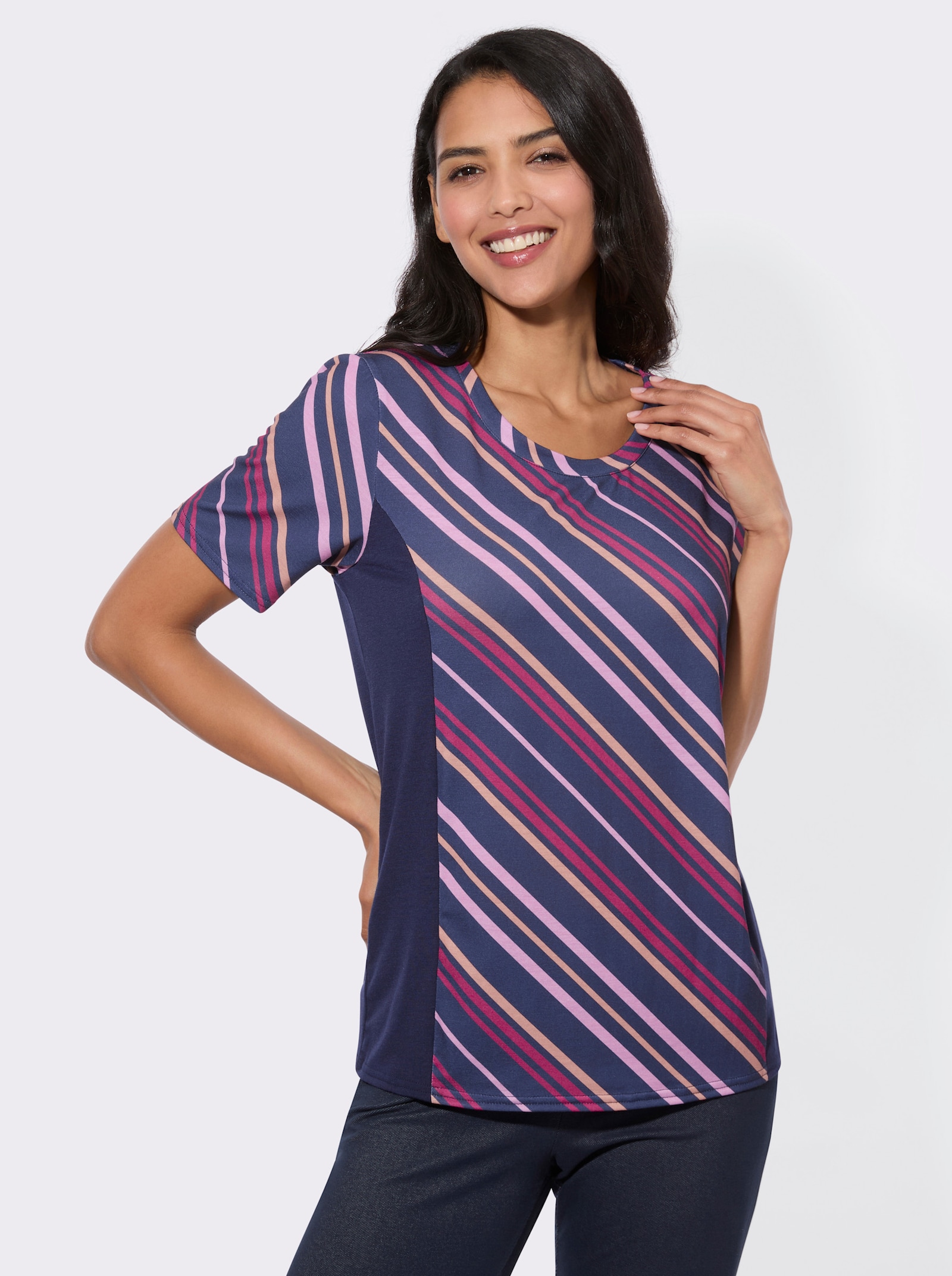 Freizeitshirt mit einfarbigen Einsätzen, gestreift - malve-gemustert