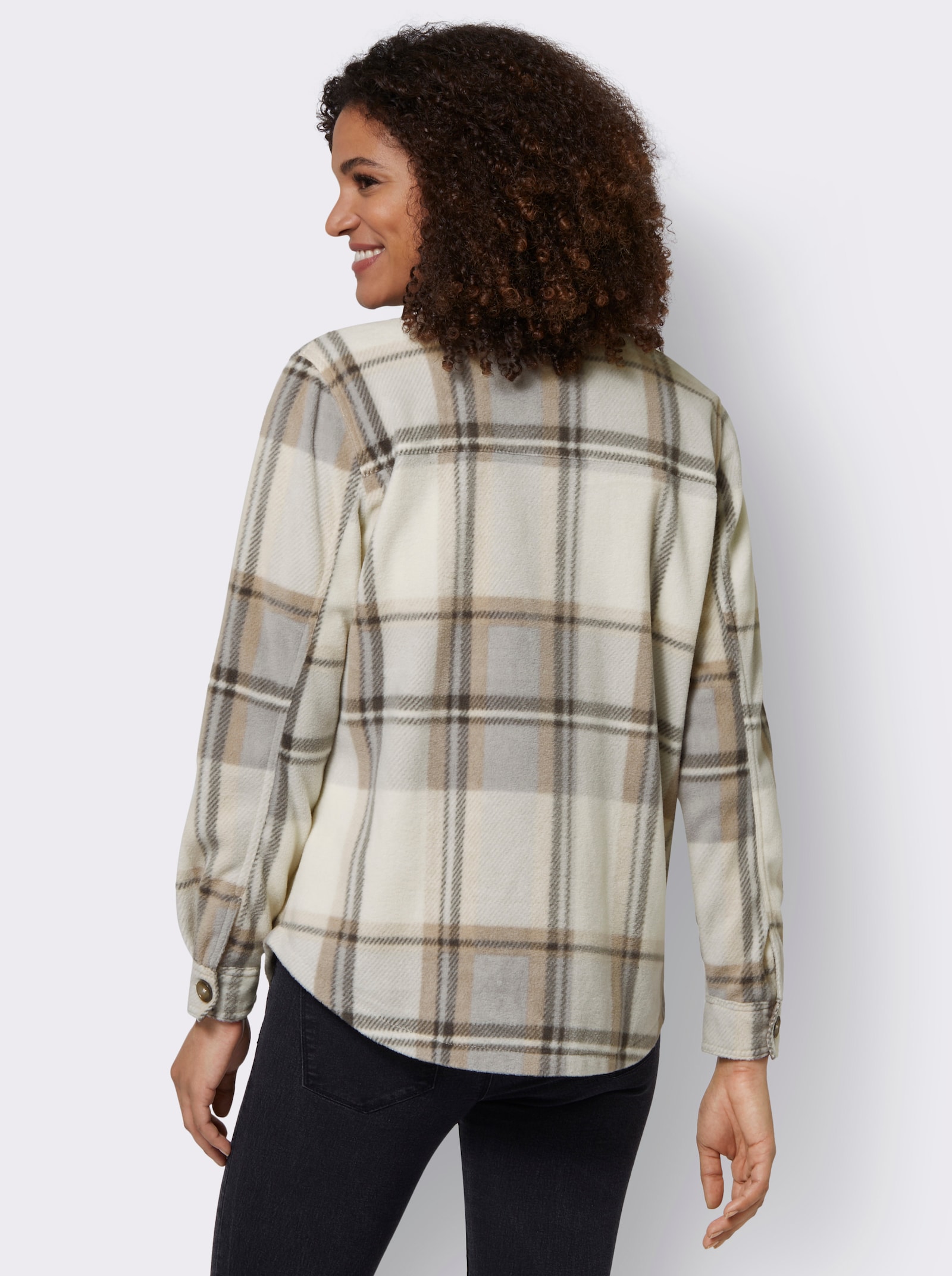 Fleecejacke mit Knöpfen in Horn-Optik - champagner-steingrau-kariert
