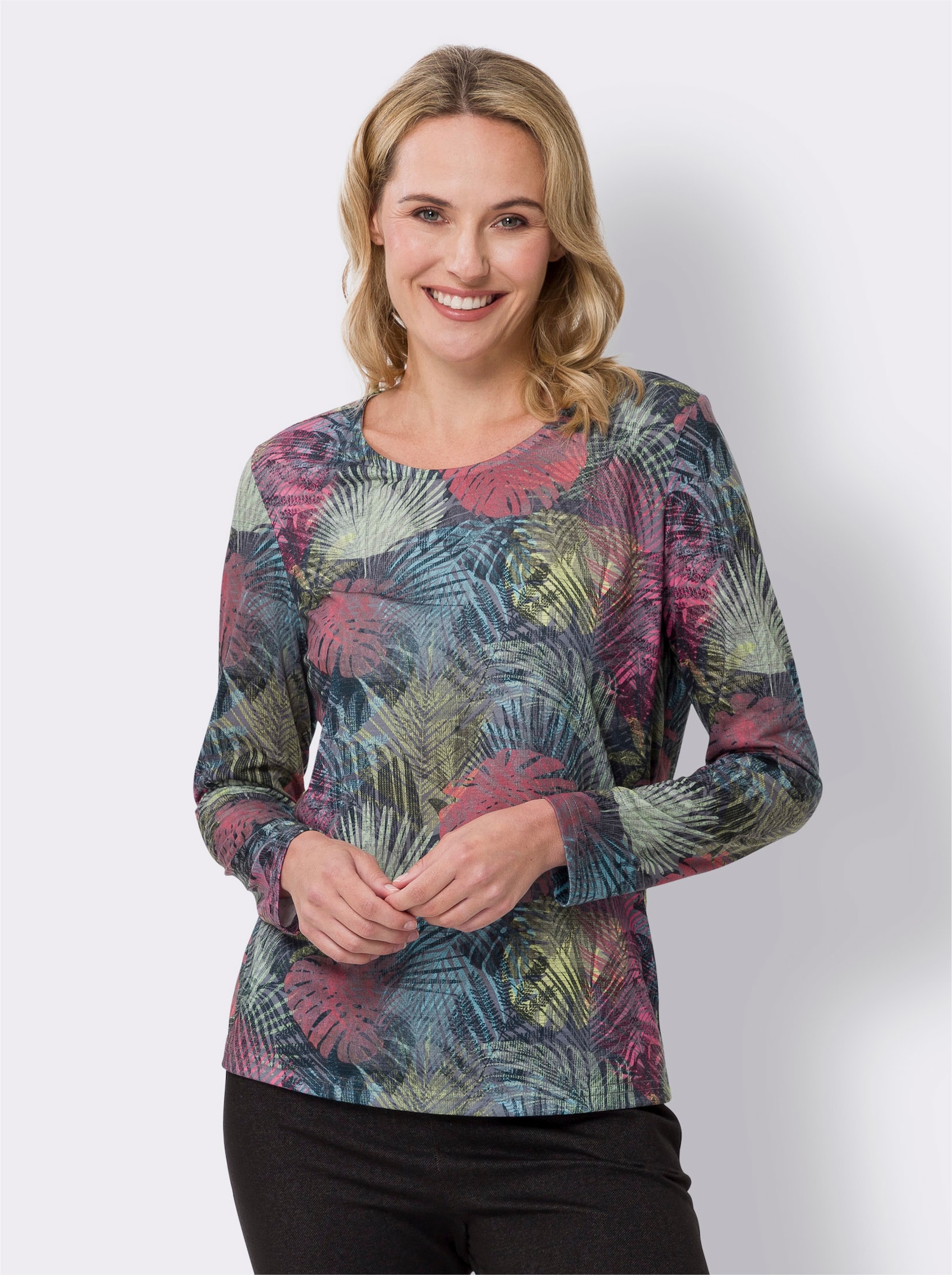 Langarmshirt mit Blätter-Dessin - grau-pink-bedruckt