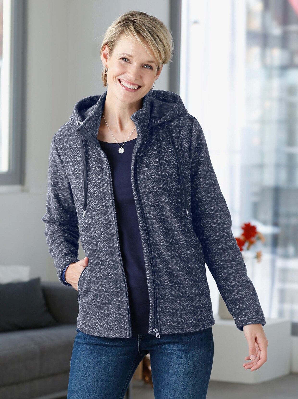 Fleecejacke - marine-weiß-gemustert