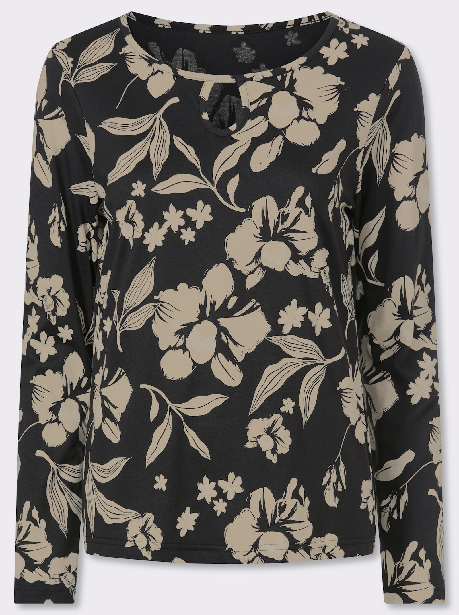 Langarmshirt mit Tropfen-Ausschnitt - schwarz-sand-bedruckt