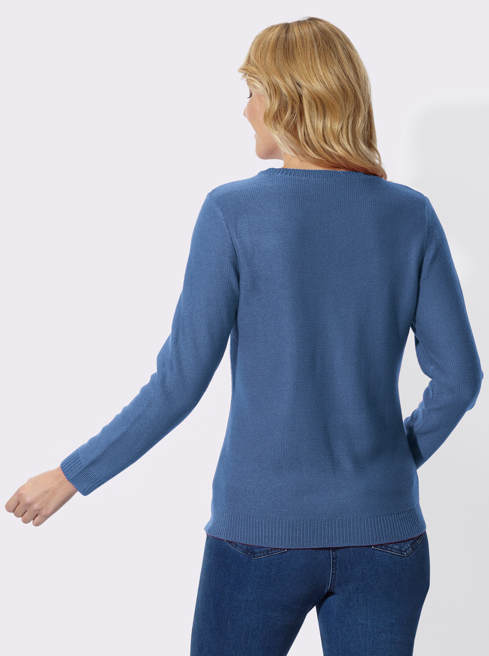 Langarm-Pullover mit Ringelmuster - mittelblau-ecru
